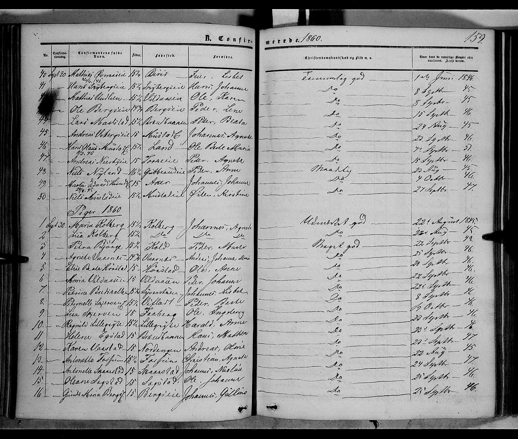 Vardal prestekontor, SAH/PREST-100/H/Ha/Haa/L0006: Parish register (official) no. 6, 1854-1866, p. 159