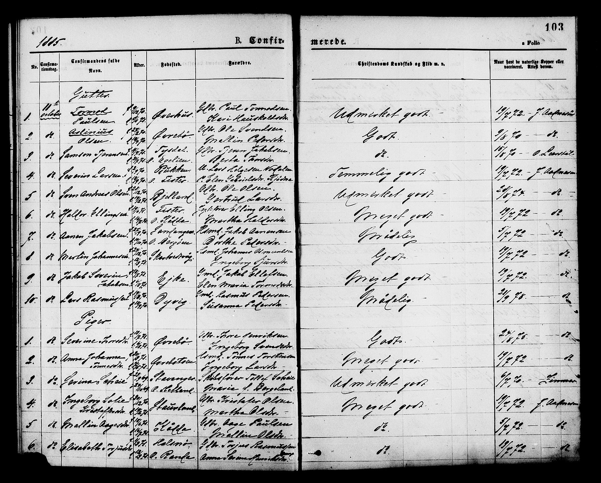 Hjelmeland sokneprestkontor, SAST/A-101843/01/IV/L0013: Parish register (official) no. A 13, 1872-1886, p. 103