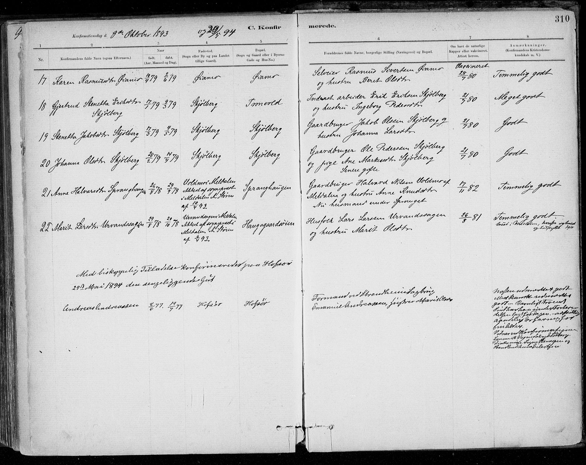 Ministerialprotokoller, klokkerbøker og fødselsregistre - Sør-Trøndelag, SAT/A-1456/668/L0809: Parish register (official) no. 668A09, 1881-1895, p. 310