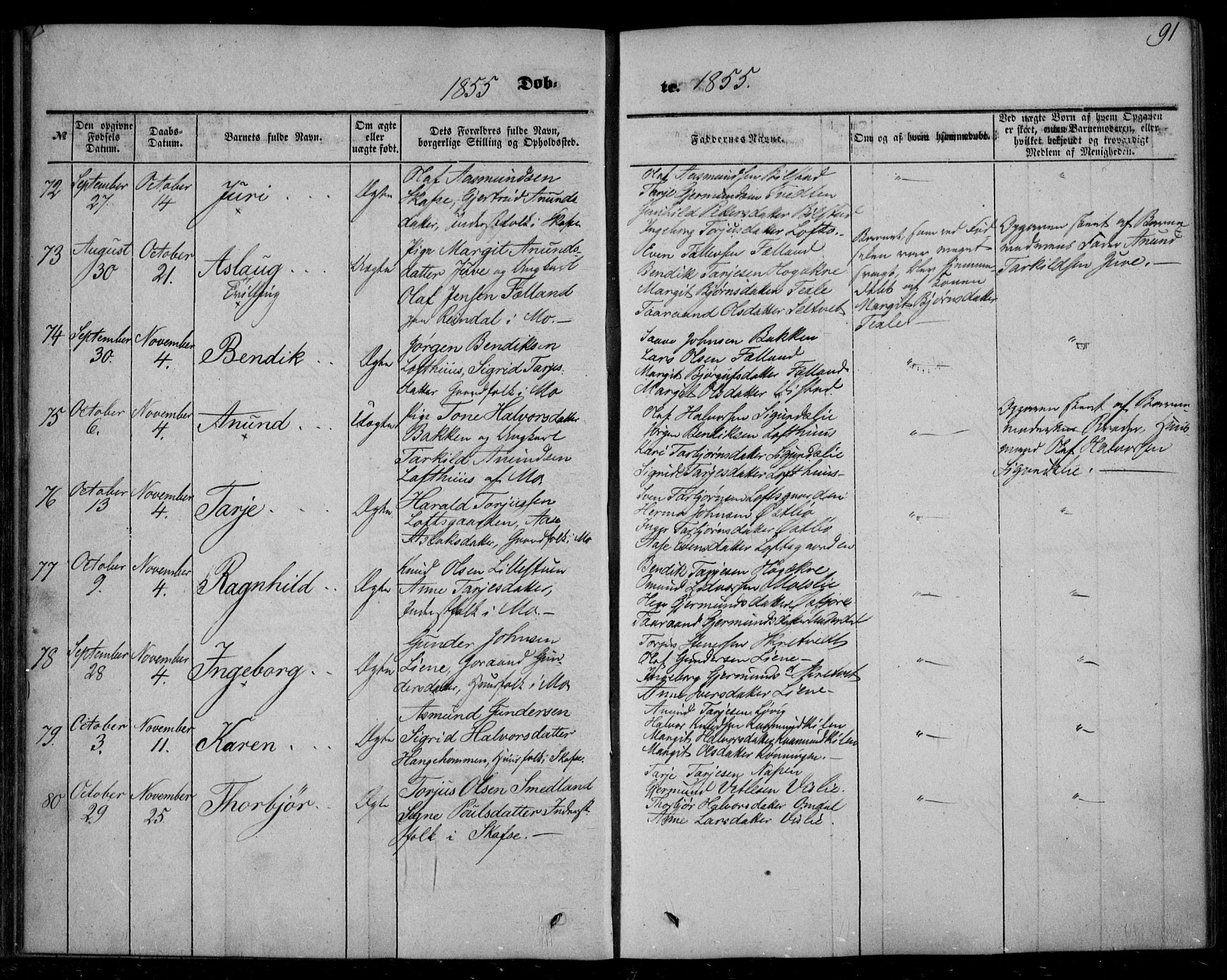 Mo kirkebøker, SAKO/A-286/F/Fa/L0005: Parish register (official) no. I 5, 1844-1864, p. 91