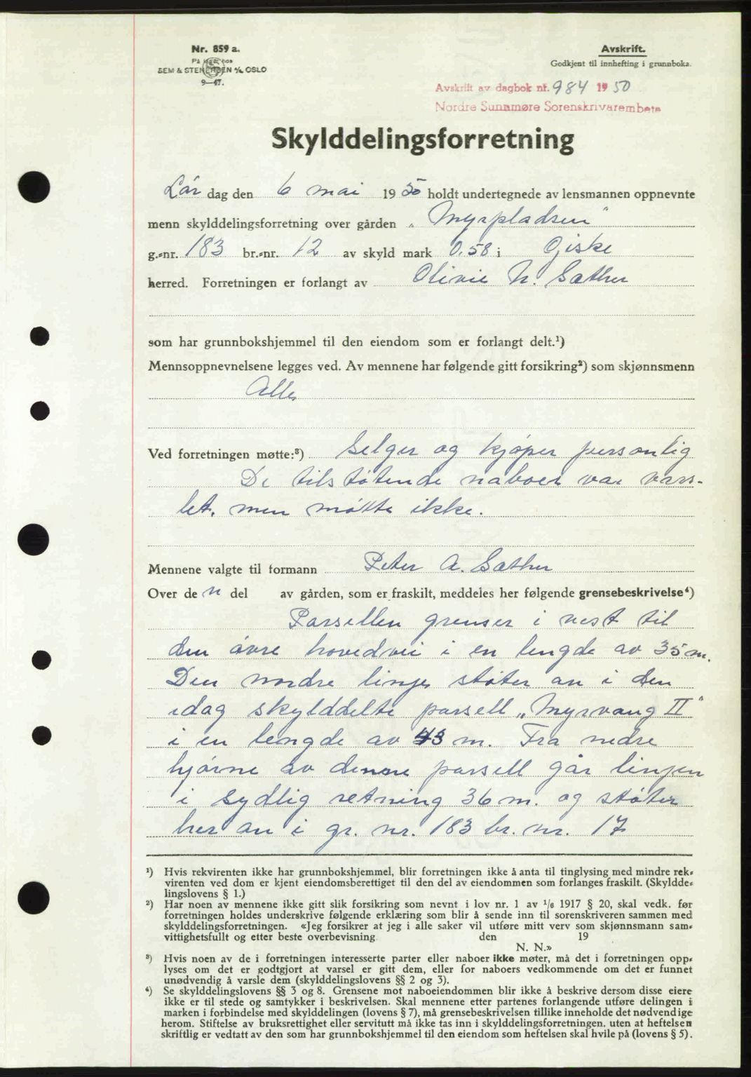 Nordre Sunnmøre sorenskriveri, AV/SAT-A-0006/1/2/2C/2Ca: Mortgage book no. A34, 1950-1950, Diary no: : 984/1950