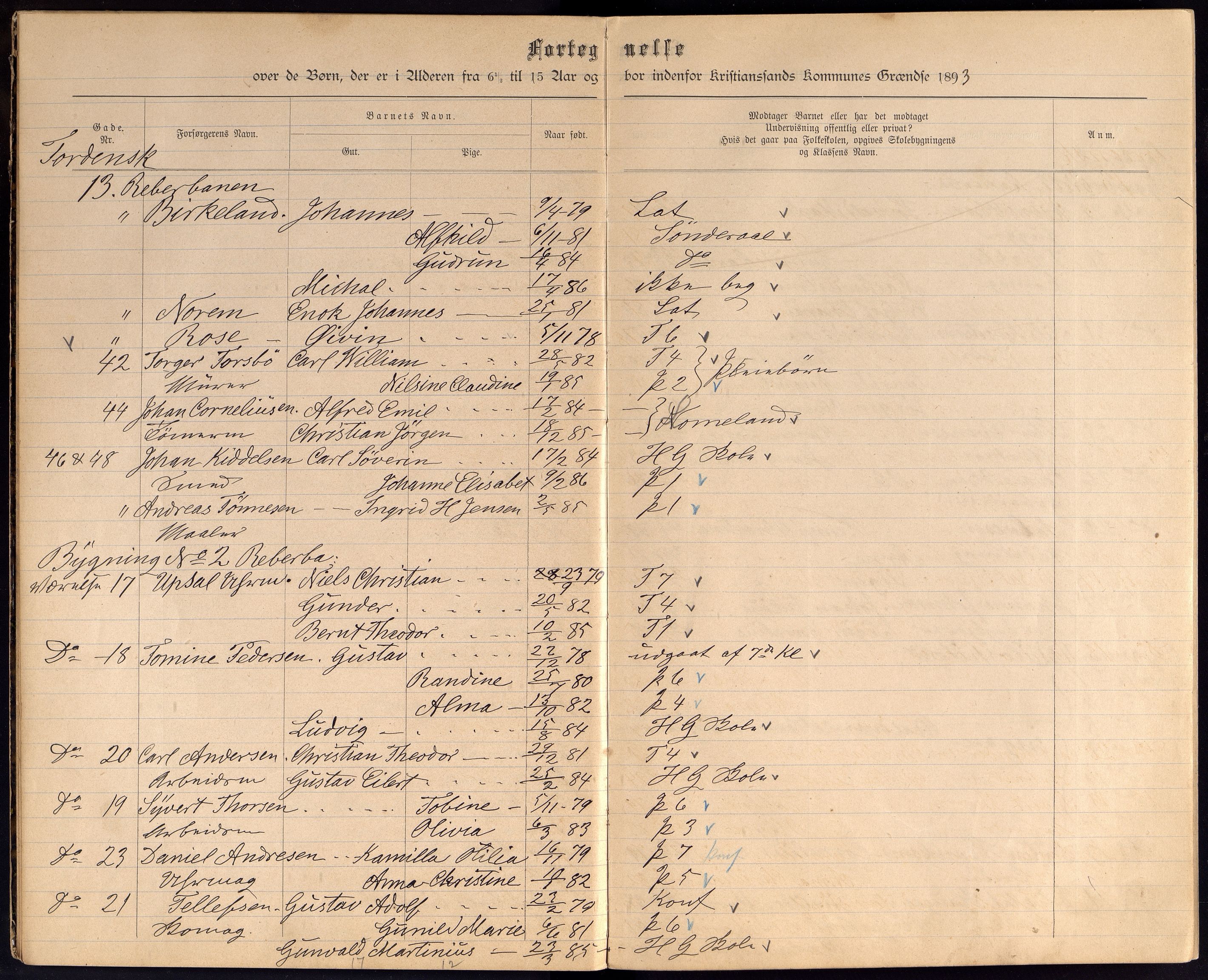 Kristiansand By - Skolekommisjonen/ -Styret, ARKSOR/1001KG510/J/Jb/L0003: Barnetelling, 1893