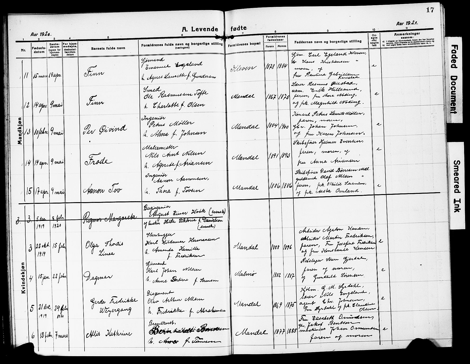 Mandal sokneprestkontor, AV/SAK-1111-0030/F/Fb/Fbc/L0001: Parish register (copy) no. B 1, 1918-1931, p. 17