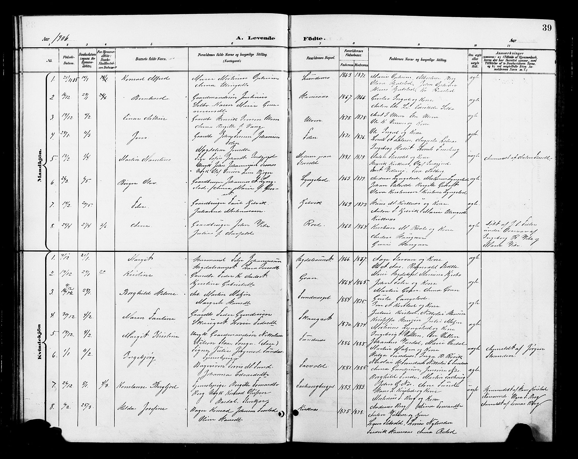 Ministerialprotokoller, klokkerbøker og fødselsregistre - Nord-Trøndelag, SAT/A-1458/730/L0302: Parish register (copy) no. 730C05, 1898-1924, p. 39