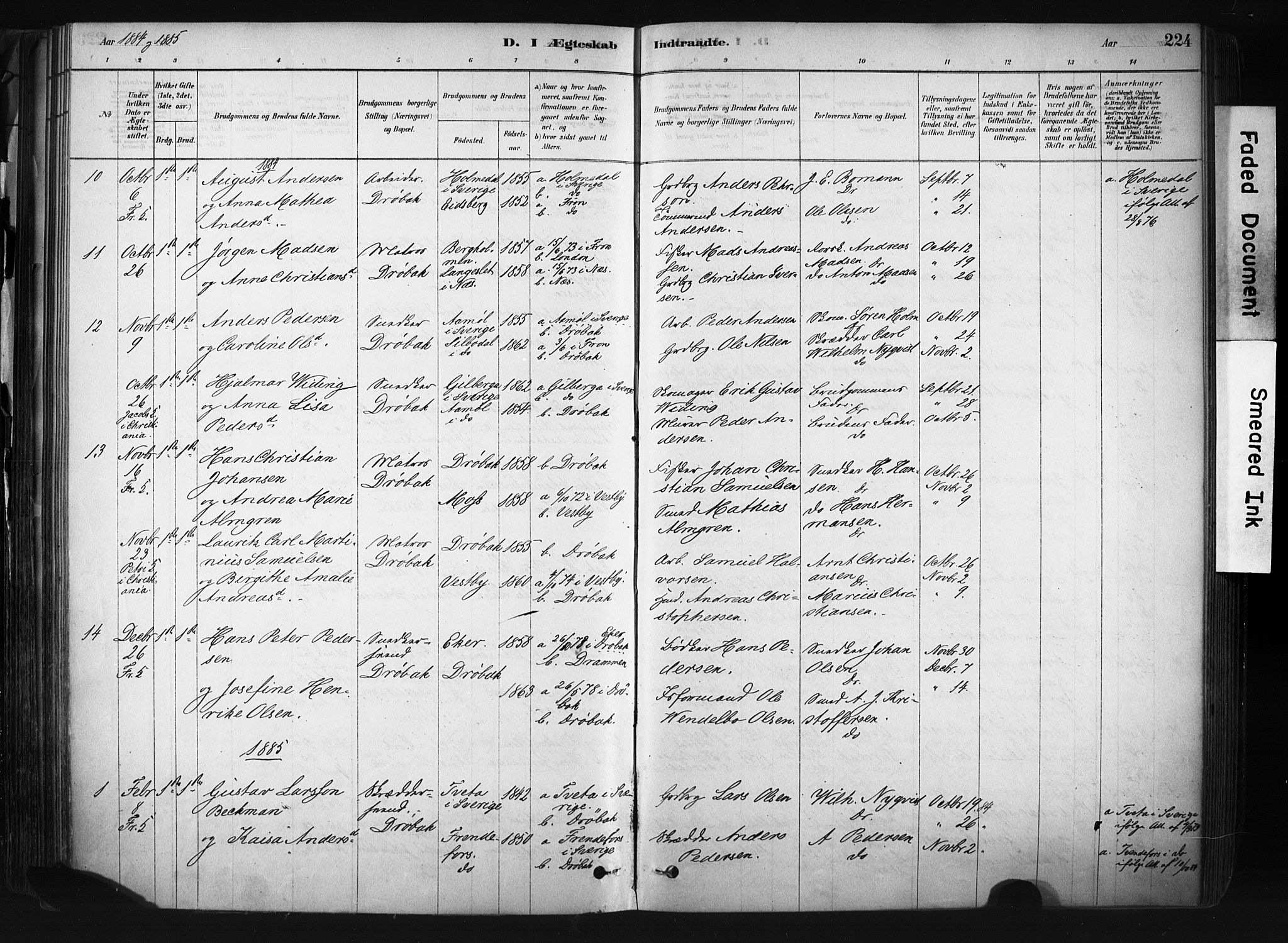 Drøbak prestekontor Kirkebøker, AV/SAO-A-10142a/F/Fb/L0001: Parish register (official) no. II 1, 1878-1891, p. 224