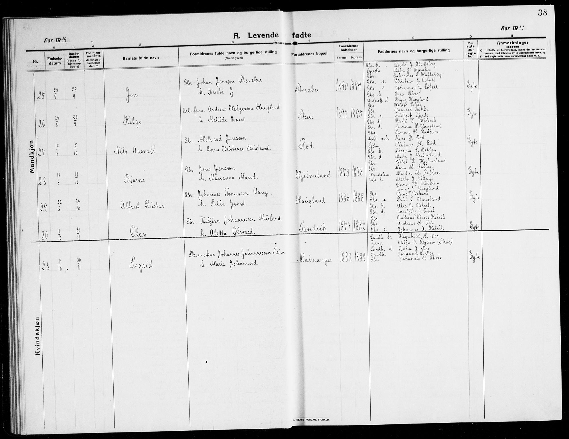 Kvinnherad sokneprestembete, AV/SAB-A-76401/H/Hab: Parish register (copy) no. A 3, 1911-1945, p. 38