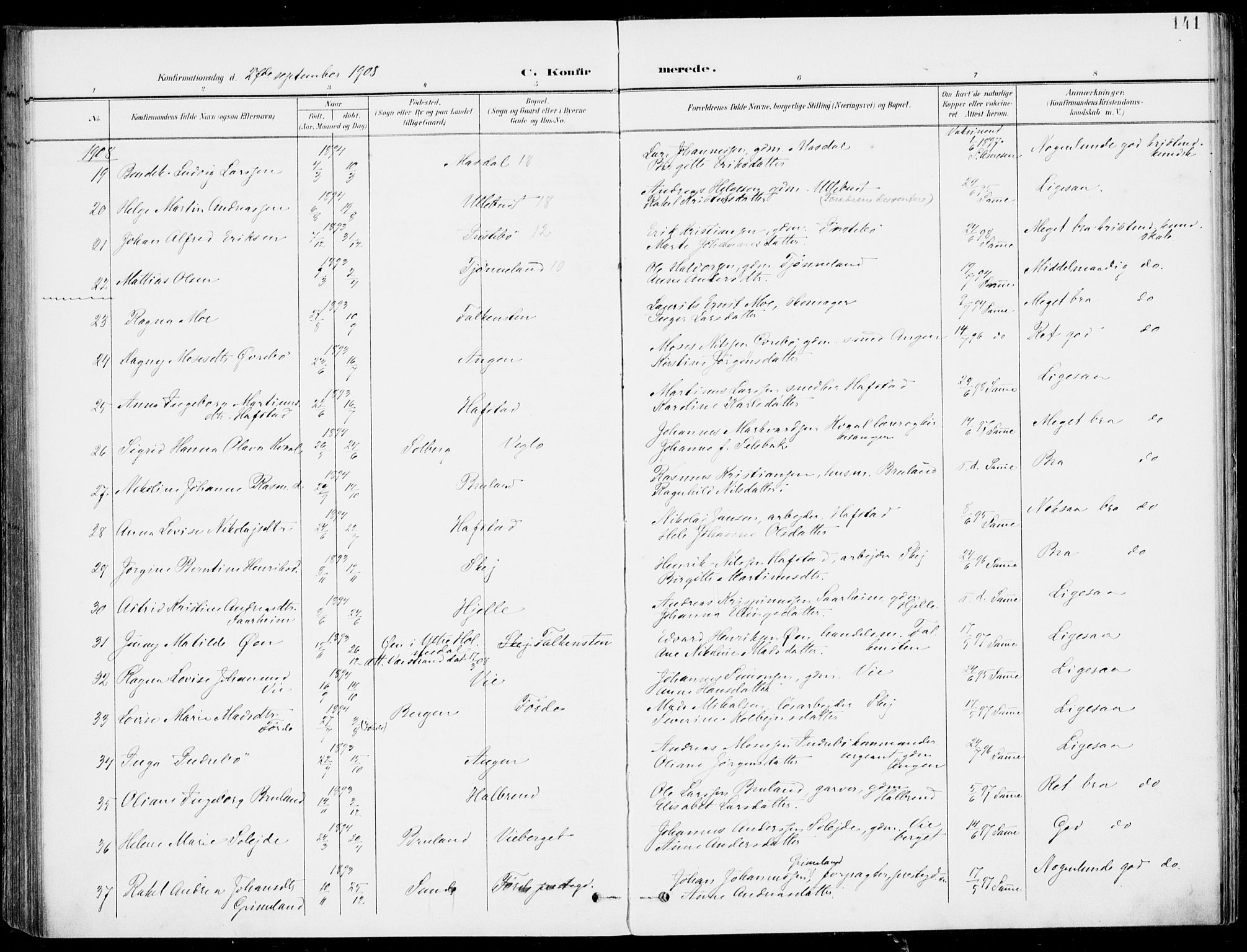 Førde sokneprestembete, AV/SAB-A-79901/H/Haa/Haab/L0002: Parish register (official) no. B  2, 1899-1920, p. 141