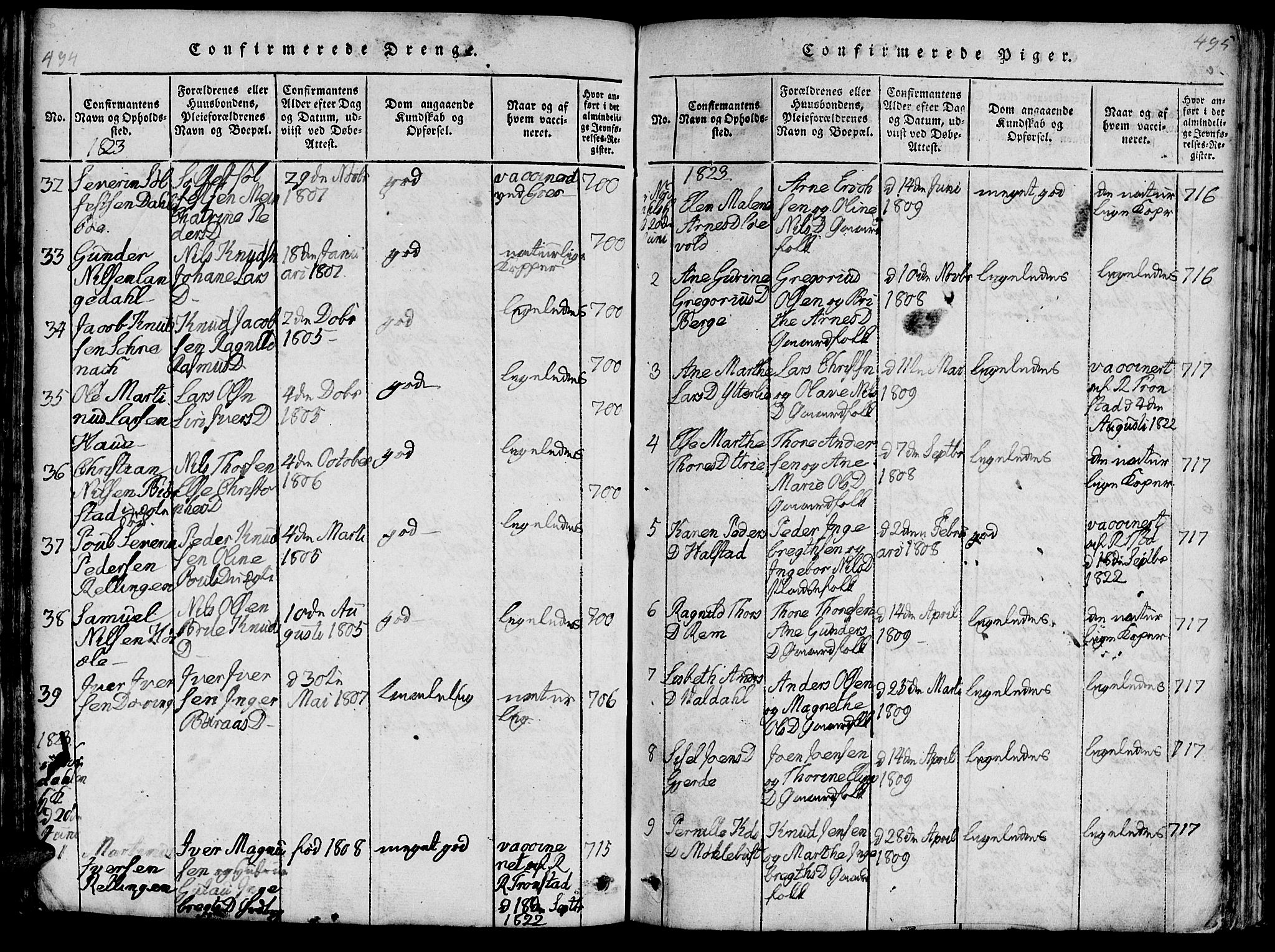 Ministerialprotokoller, klokkerbøker og fødselsregistre - Møre og Romsdal, SAT/A-1454/519/L0260: Parish register (copy) no. 519C01, 1817-1829, p. 494-495