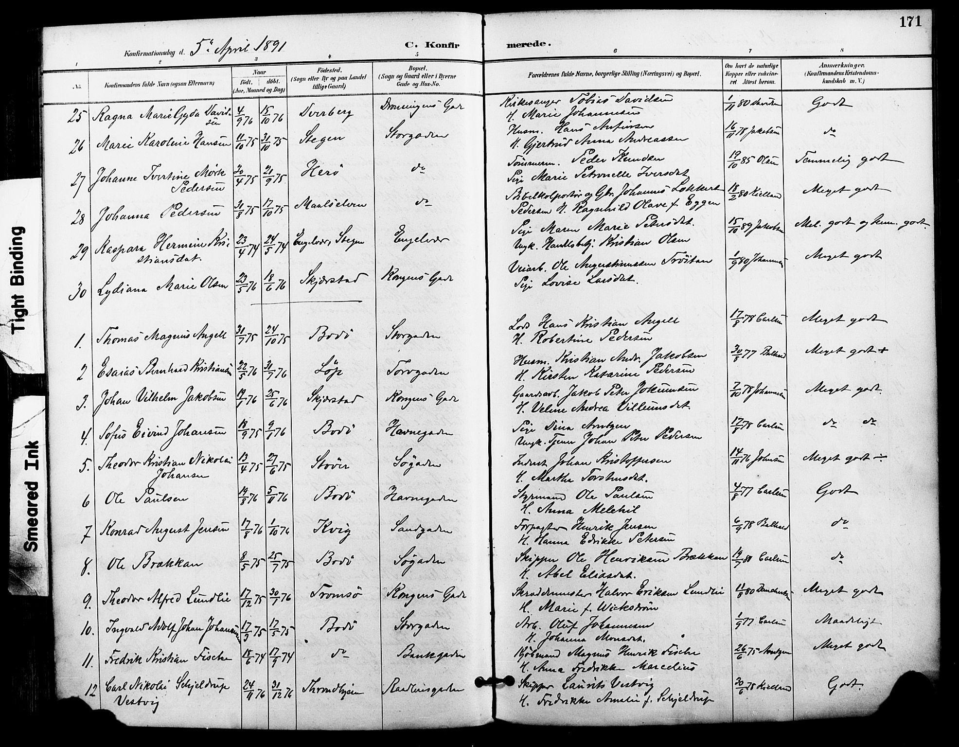 Ministerialprotokoller, klokkerbøker og fødselsregistre - Nordland, AV/SAT-A-1459/801/L0010: Parish register (official) no. 801A10, 1888-1899, p. 171