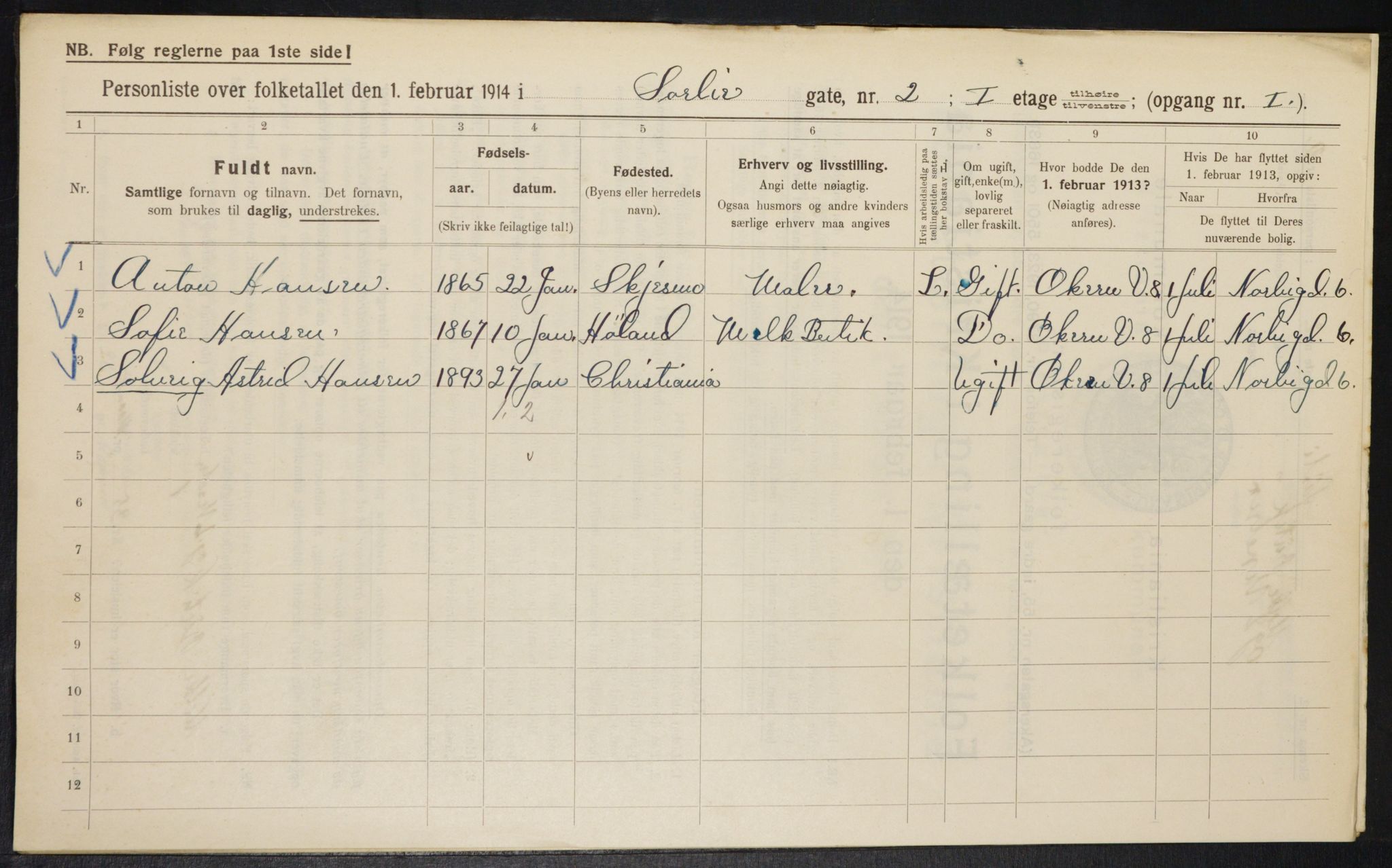 OBA, Municipal Census 1914 for Kristiania, 1914, p. 107117