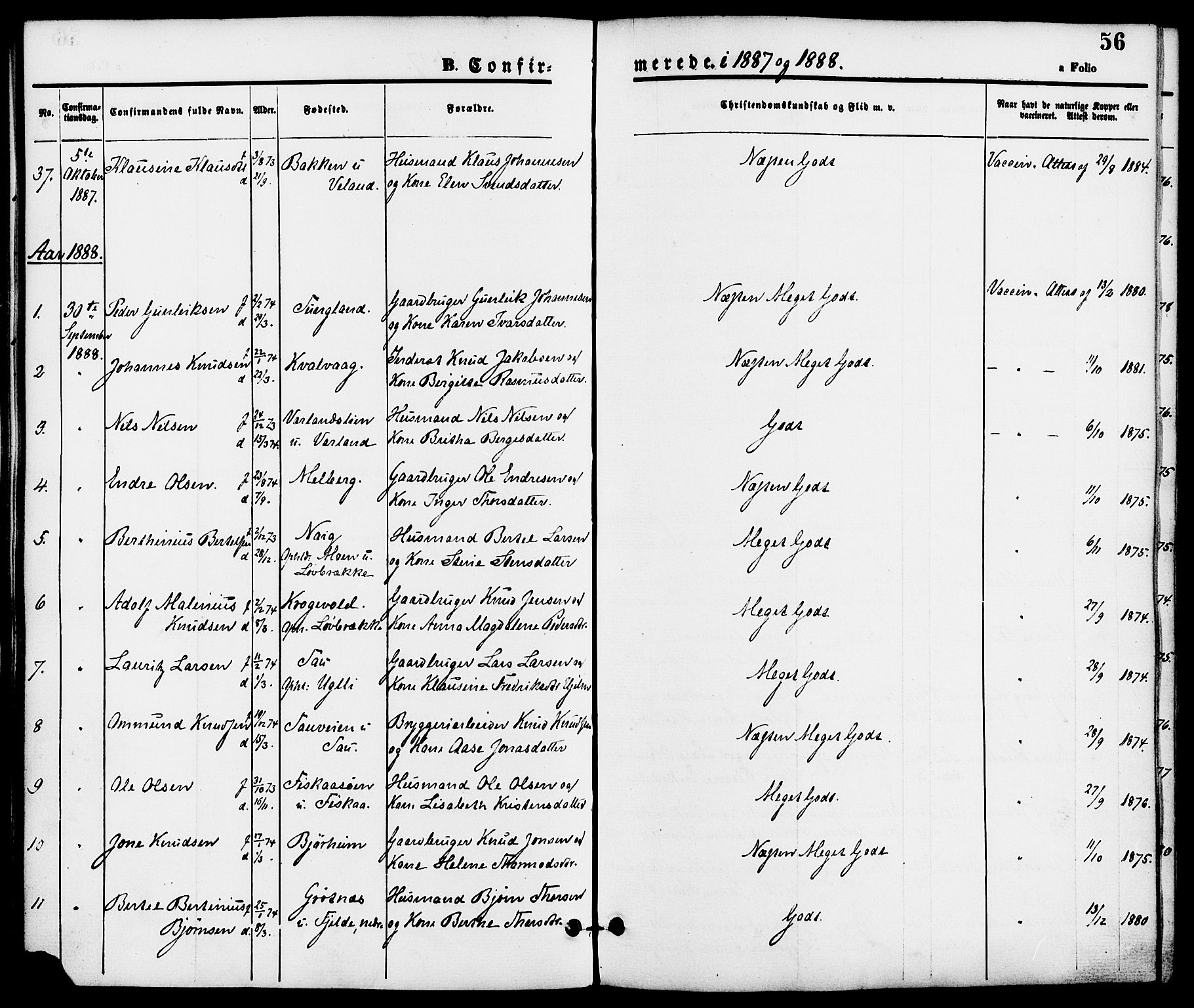 Strand sokneprestkontor, SAST/A-101828/H/Ha/Haa/L0008: Parish register (official) no. A 8, 1874-1907, p. 56
