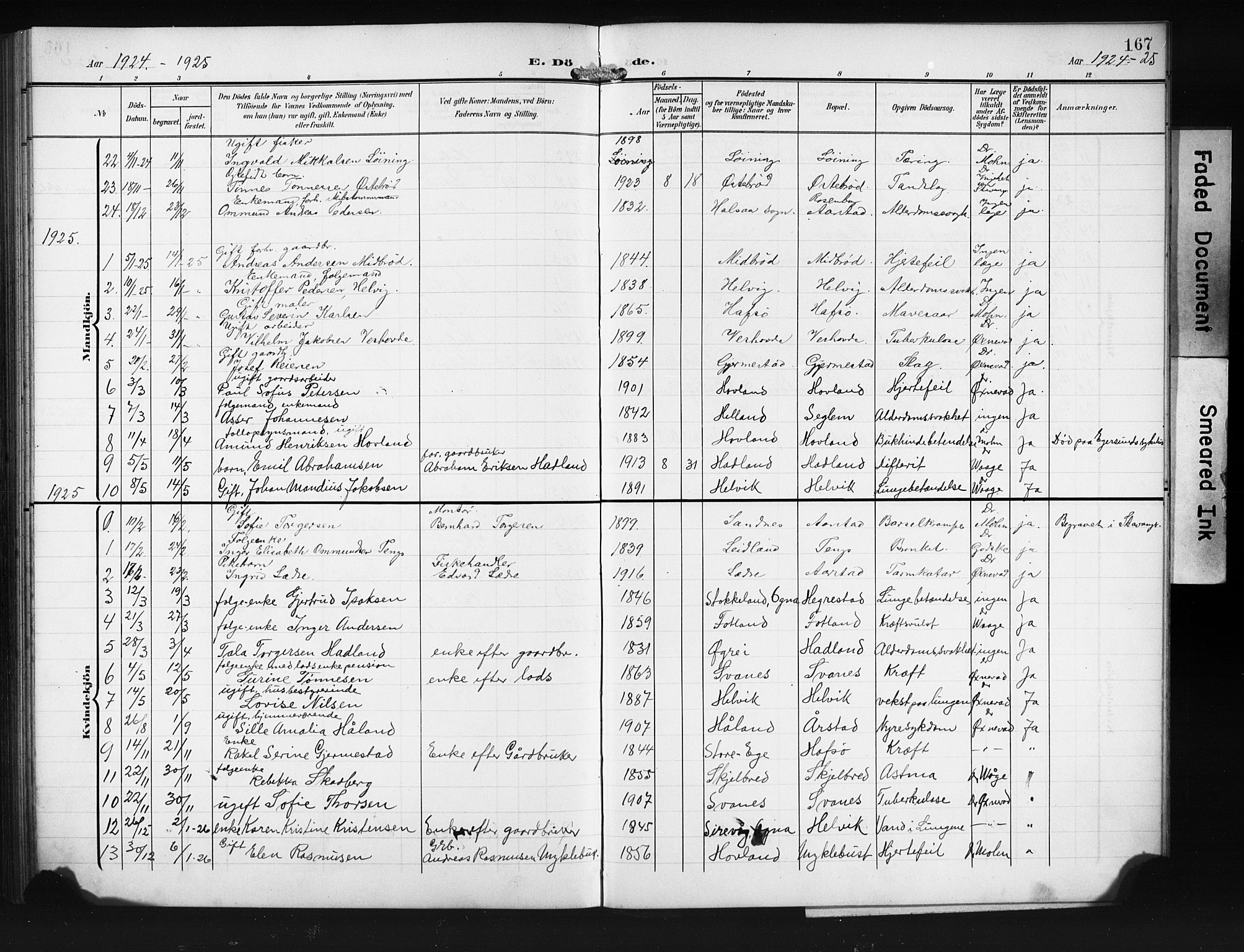 Eigersund sokneprestkontor, SAST/A-101807/S09/L0011: Parish register (copy) no. B 11, 1908-1930, p. 167