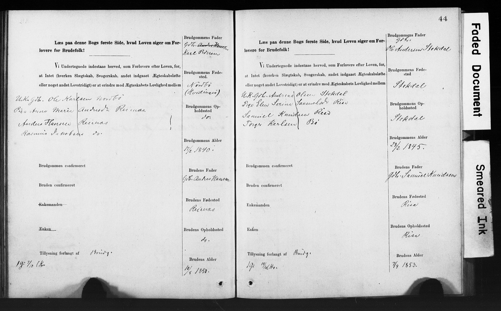Rennesøy sokneprestkontor, SAST/A -101827/I/Ie/L0001: Banns register no. 1, 1873-1898, p. 44