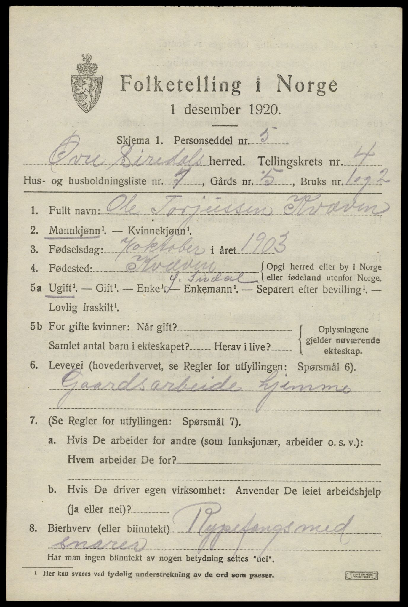 SAK, 1920 census for Øvre Sirdal, 1920, p. 731