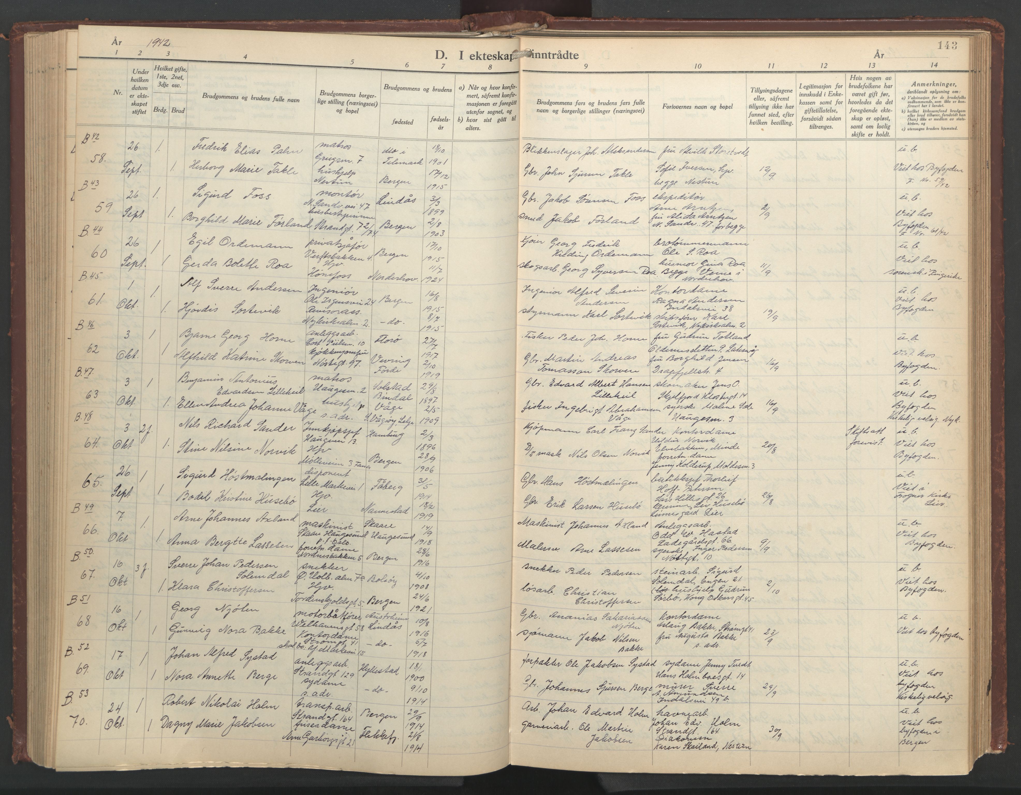 Nykirken Sokneprestembete, SAB/A-77101/H/Hab: Parish register (copy) no. D 7, 1933-1964, p. 142b-143a