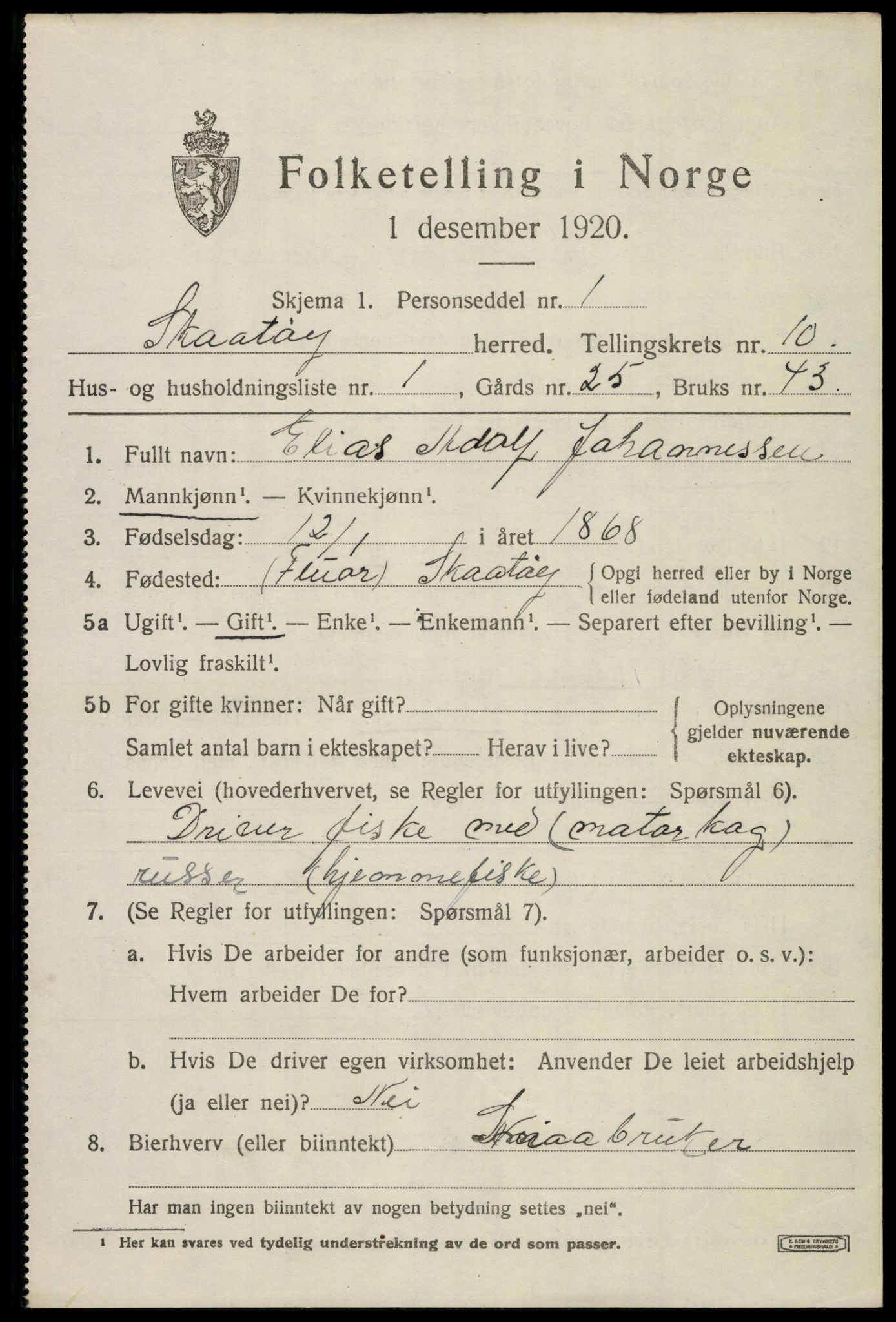 SAKO, 1920 census for Skåtøy, 1920, p. 7392