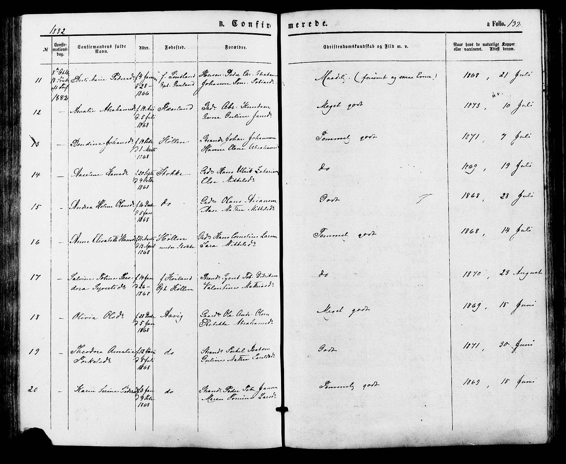 Sør-Audnedal sokneprestkontor, SAK/1111-0039/F/Fa/Faa/L0003: Parish register (official) no. A 3, 1868-1883, p. 132