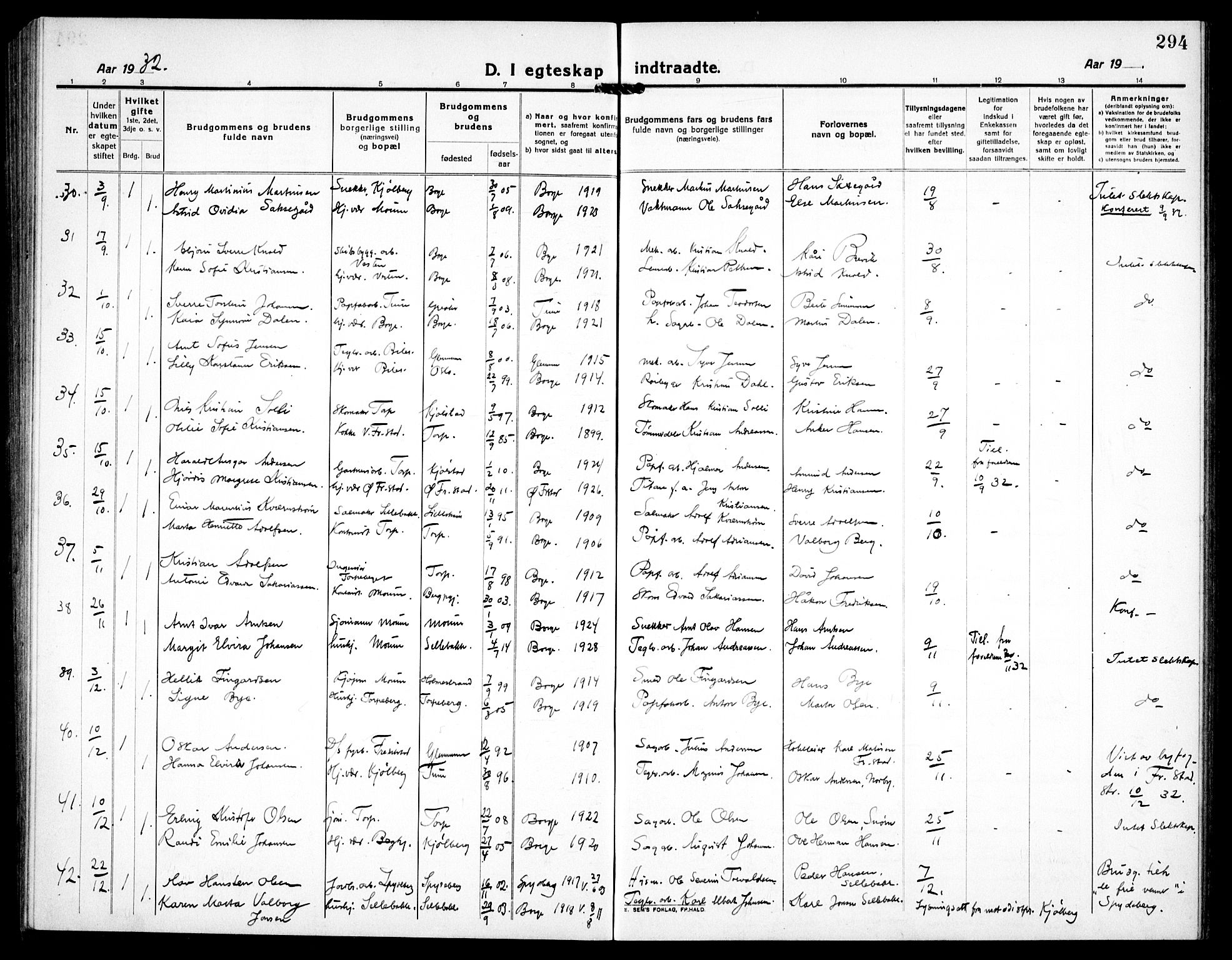Borge prestekontor Kirkebøker, SAO/A-10903/G/Ga/L0003: Parish register (copy) no. I 3, 1918-1939, p. 294