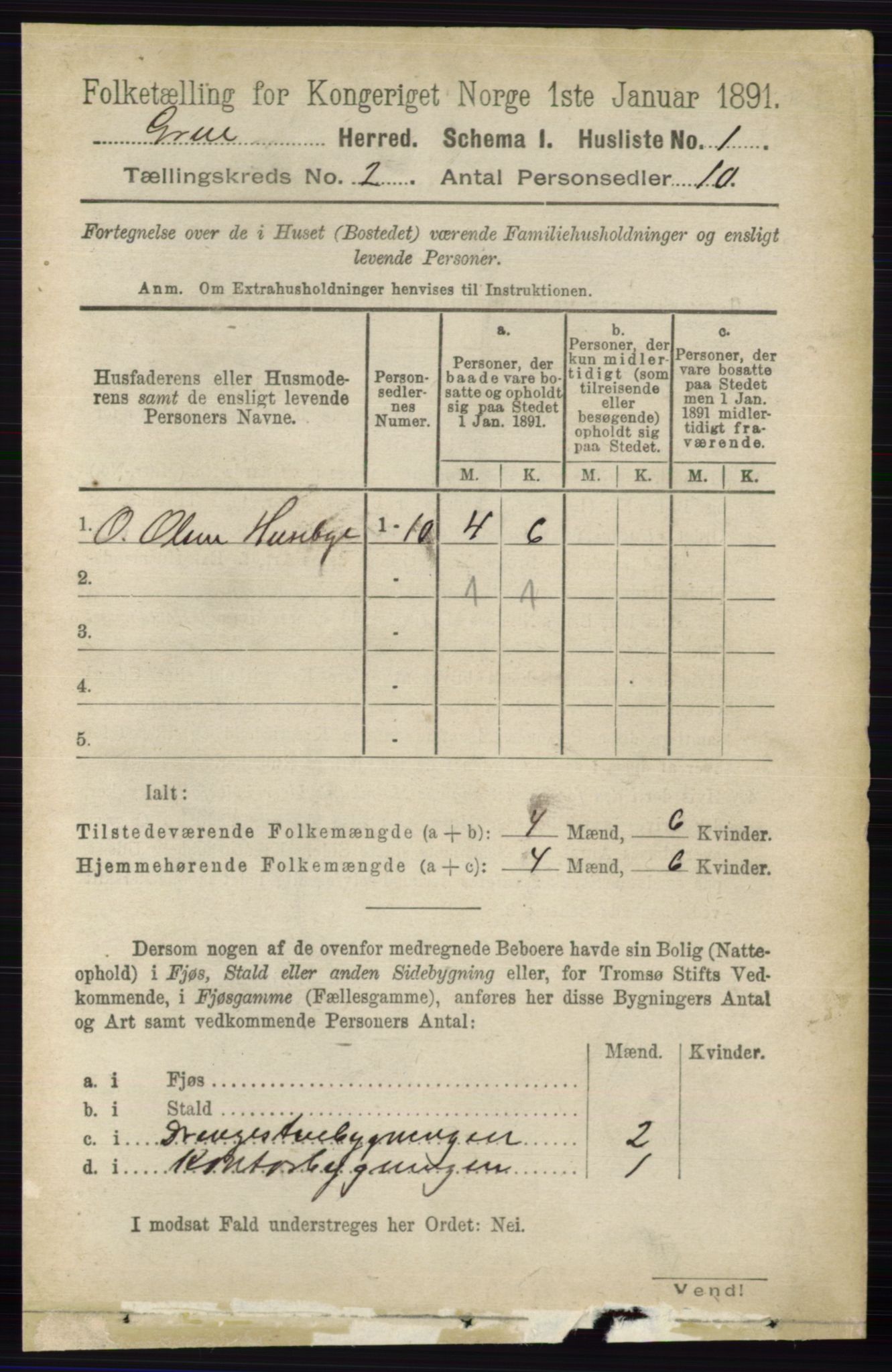 RA, 1891 census for 0423 Grue, 1891, p. 1005