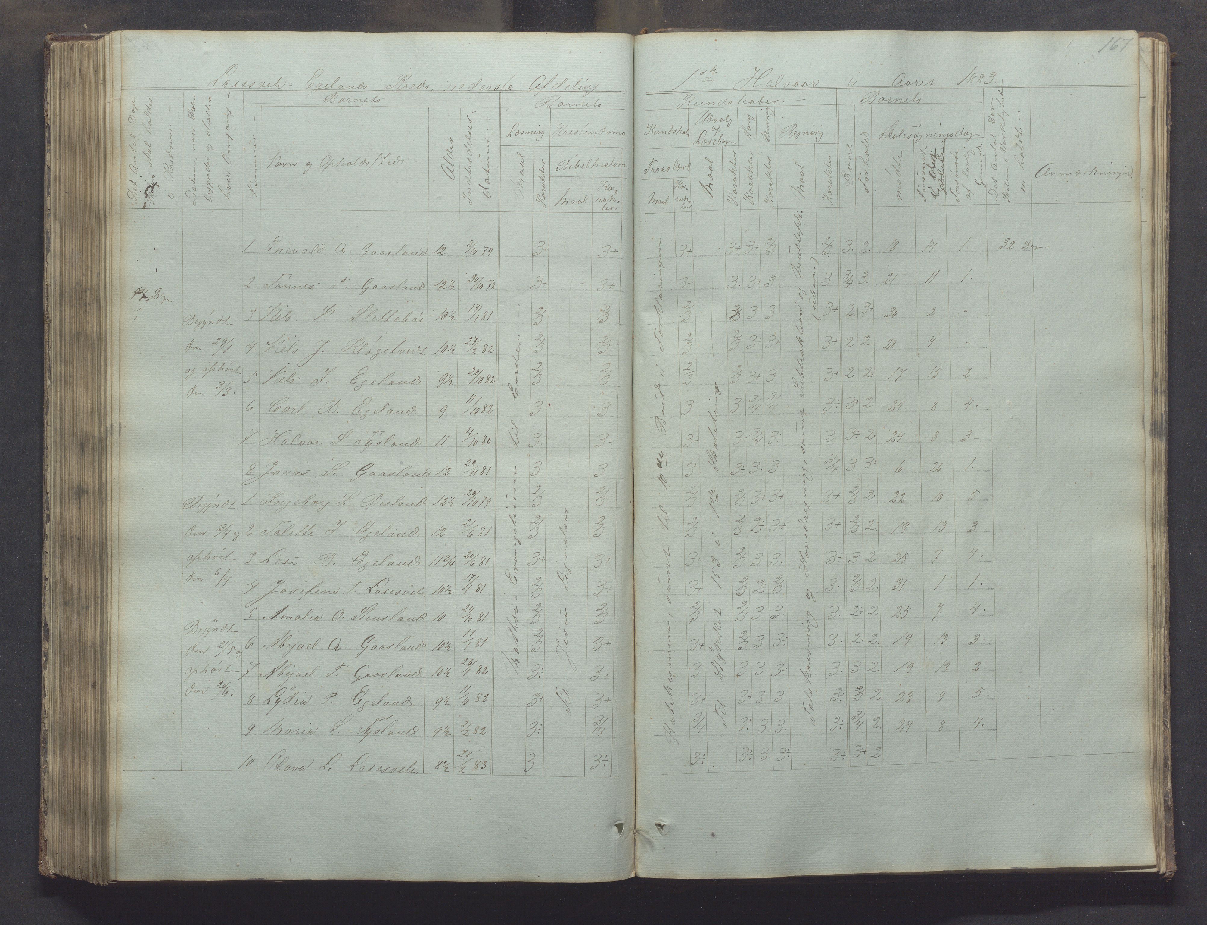 Bjerkreim kommune - Skulestyret, IKAR/K-101539/H/L0002: Skolejournal for vestre skuledistrikt, 1858-1894, p. 166b-167a