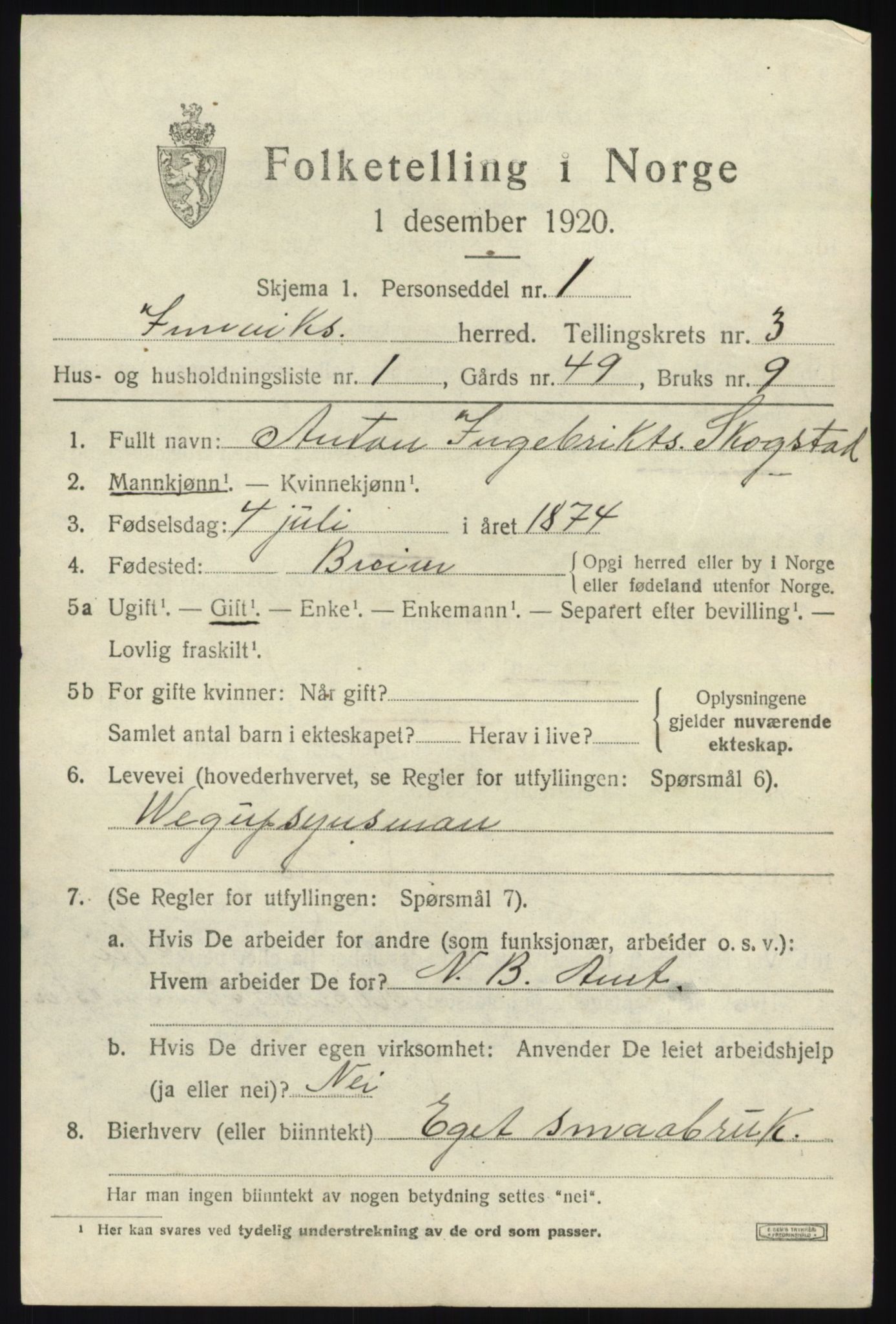 SAB, 1920 census for Innvik, 1920, p. 1759