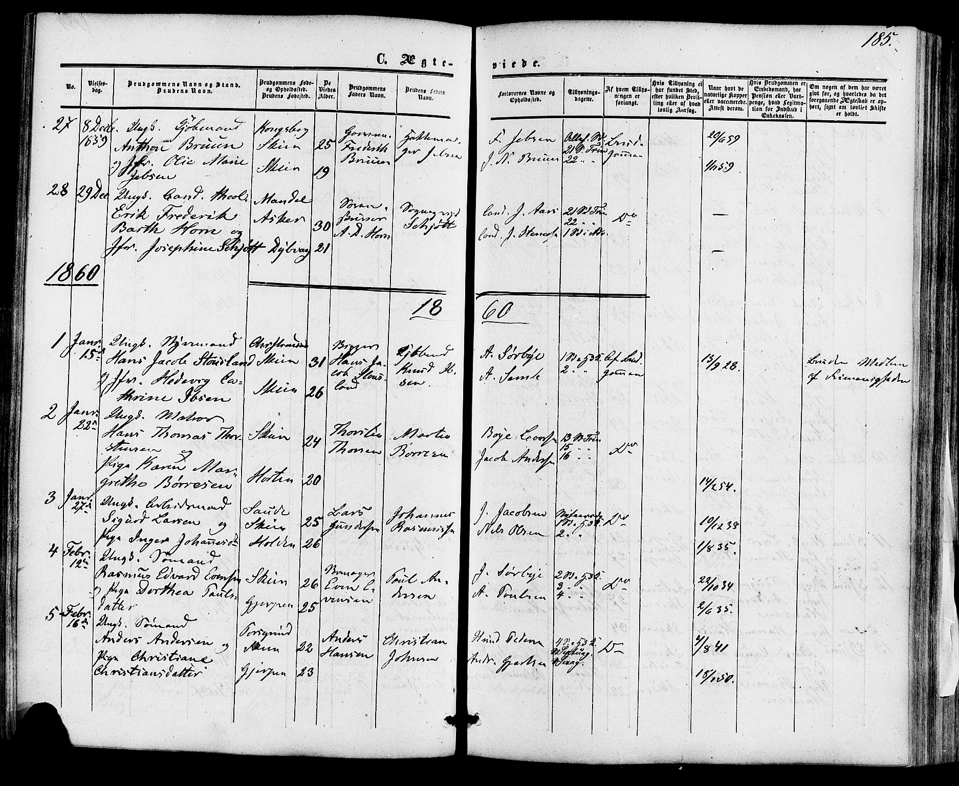 Skien kirkebøker, SAKO/A-302/F/Fa/L0007: Parish register (official) no. 7, 1856-1865, p. 185