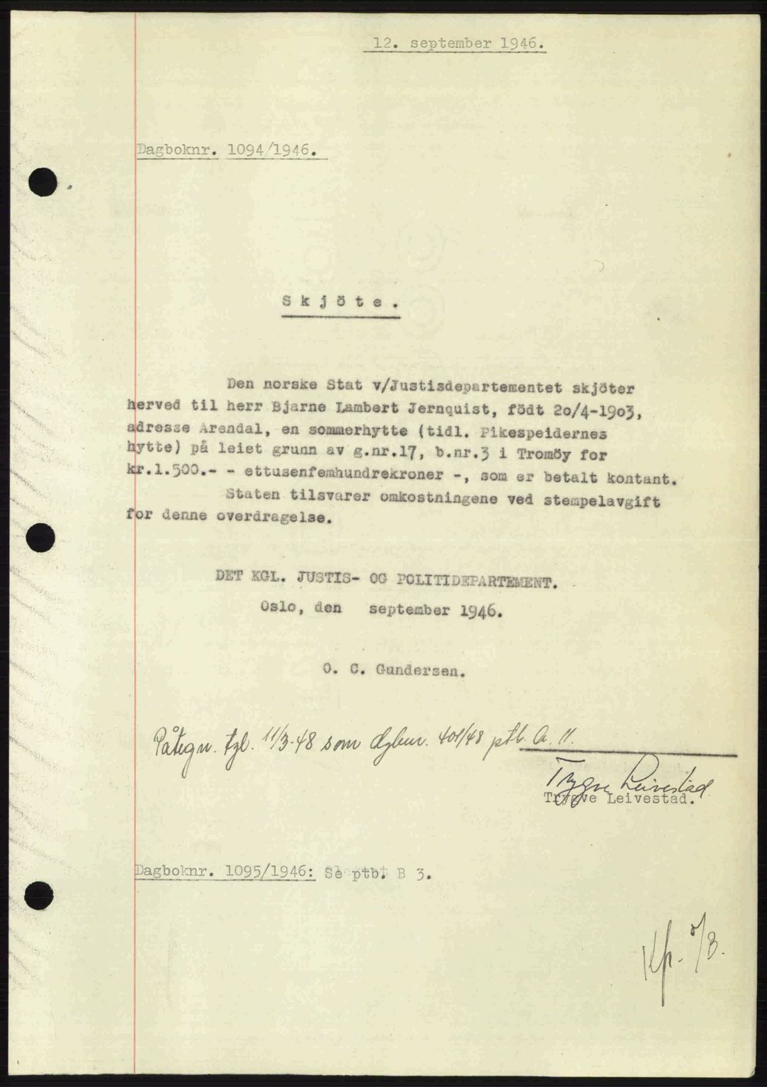 Nedenes sorenskriveri, AV/SAK-1221-0006/G/Gb/Gba/L0056: Mortgage book no. A8, 1946-1947, Diary no: : 1094/1946