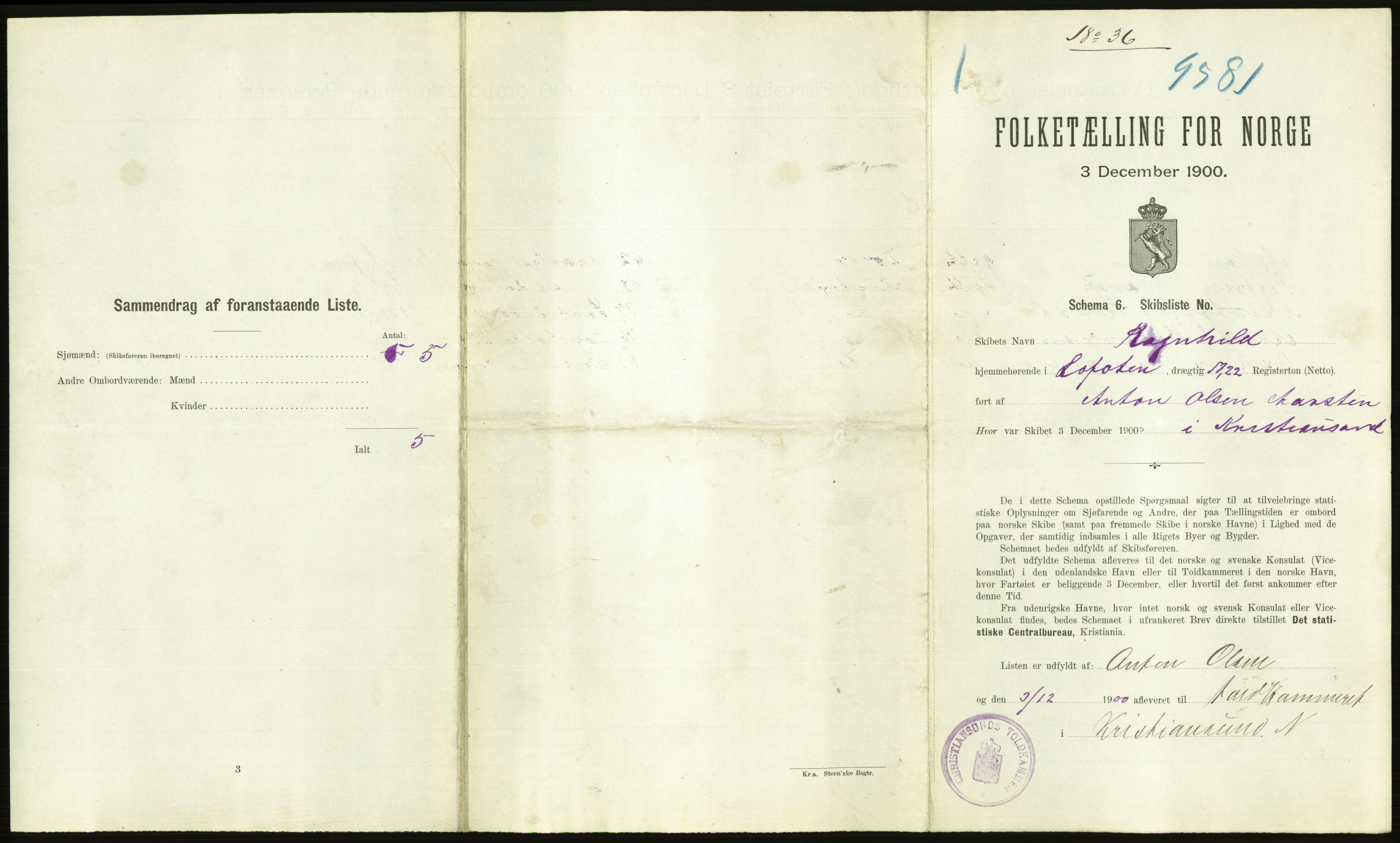 RA, 1900 Census - ship lists from ships in Norwegian harbours, harbours abroad and at sea, 1900, p. 2193