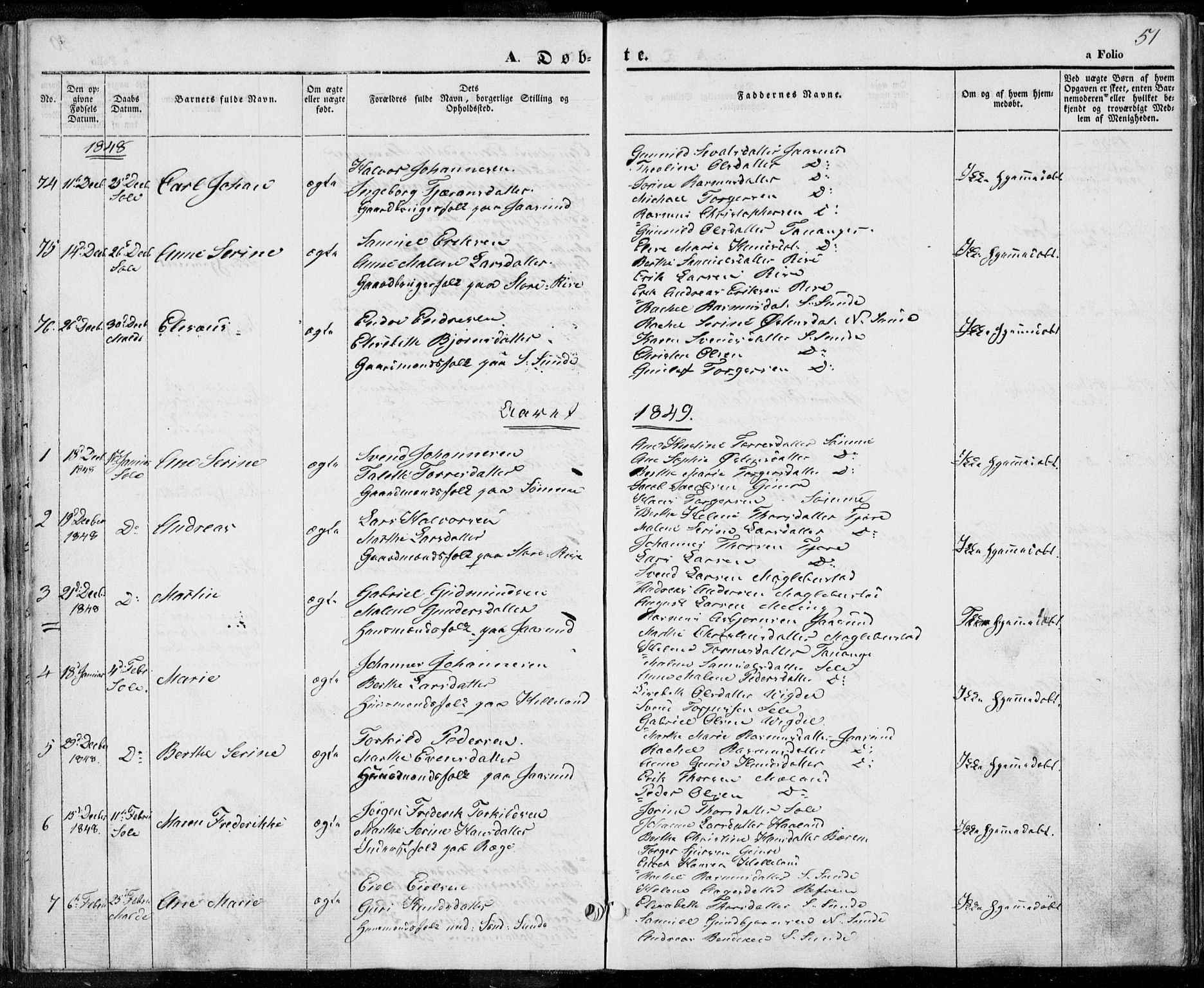 Håland sokneprestkontor, AV/SAST-A-101802/001/30BA/L0006: Parish register (official) no. A 6, 1842-1853, p. 51