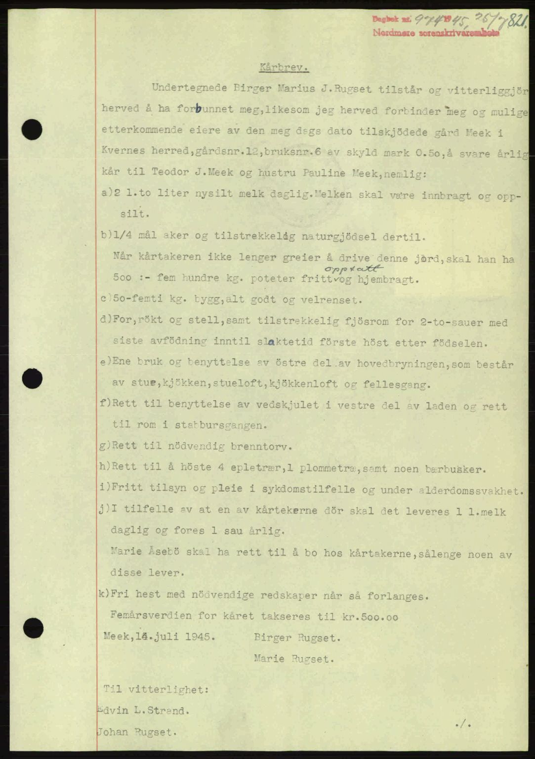 Nordmøre sorenskriveri, AV/SAT-A-4132/1/2/2Ca: Mortgage book no. B92, 1944-1945, Diary no: : 974/1945