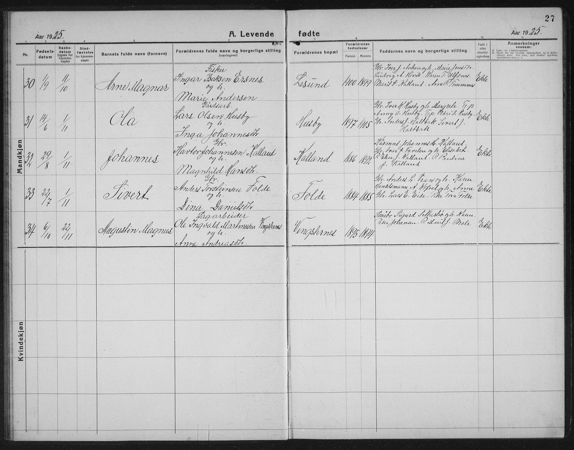 Ministerialprotokoller, klokkerbøker og fødselsregistre - Møre og Romsdal, AV/SAT-A-1454/578/L0911: Parish register (copy) no. 578C04, 1921-1940, p. 27