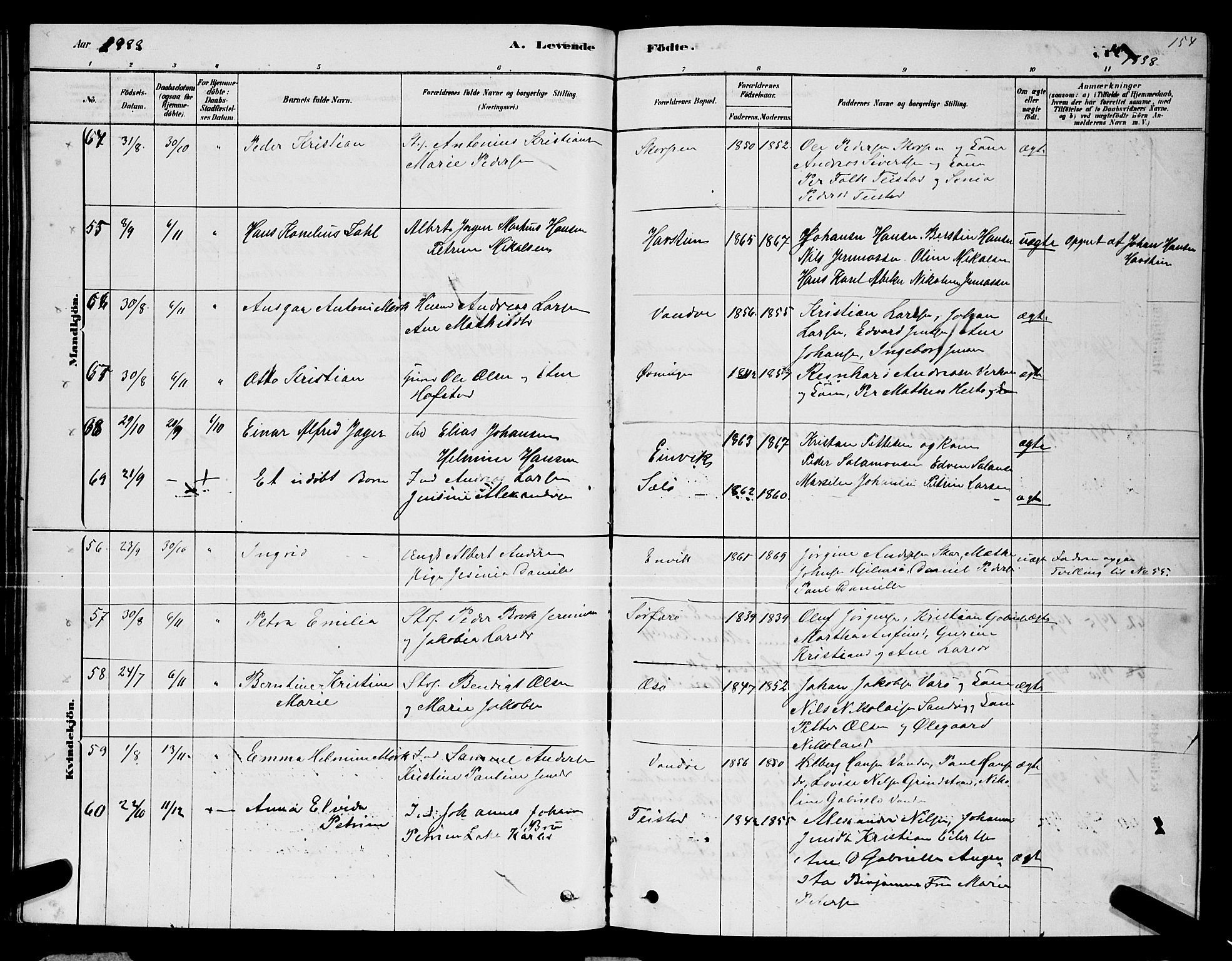 Ministerialprotokoller, klokkerbøker og fødselsregistre - Nordland, AV/SAT-A-1459/834/L0513: Parish register (copy) no. 834C04, 1877-1892, p. 154