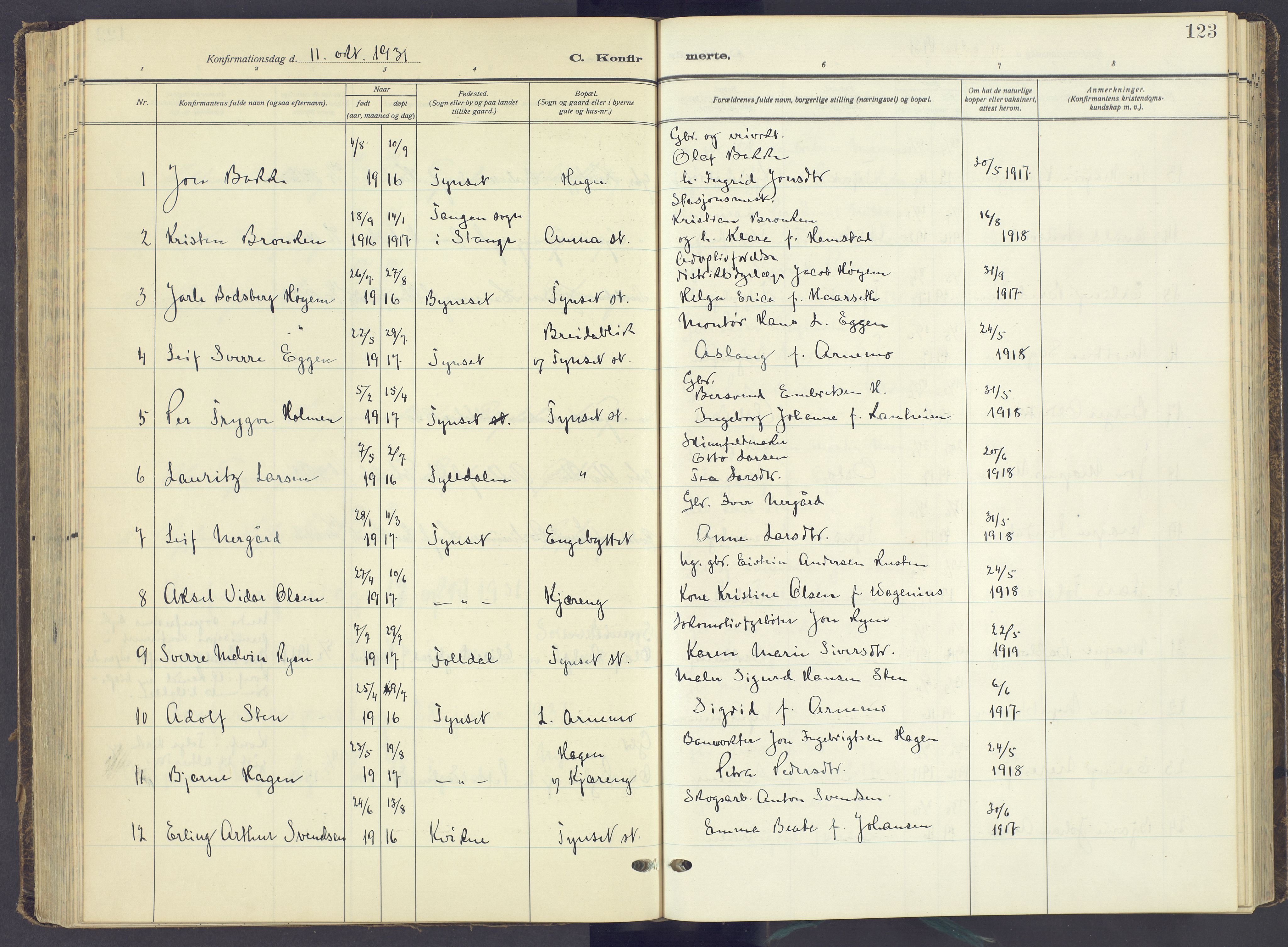 Tynset prestekontor, AV/SAH-PREST-058/H/Ha/Haa/L0027: Parish register (official) no. 27, 1930-1944, p. 123