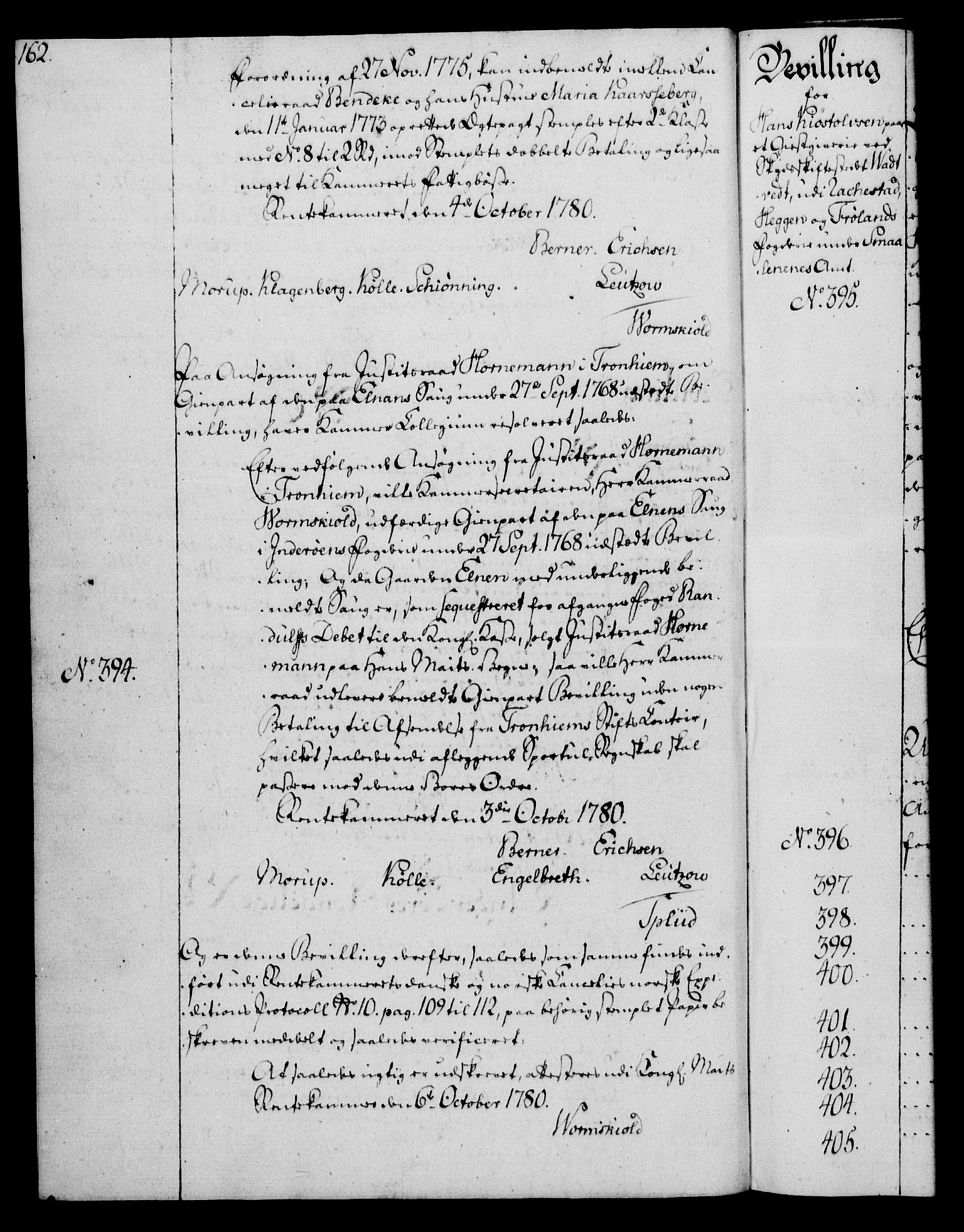 Rentekammeret, Kammerkanselliet, AV/RA-EA-3111/G/Gg/Gga/L0011: Norsk ekspedisjonsprotokoll med register (merket RK 53.11), 1779-1781, p. 162