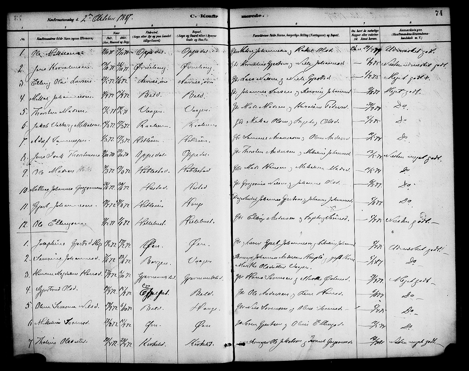 Gaular sokneprestembete, AV/SAB-A-80001/H/Haa: Parish register (official) no. D 1, 1882-1899, p. 74