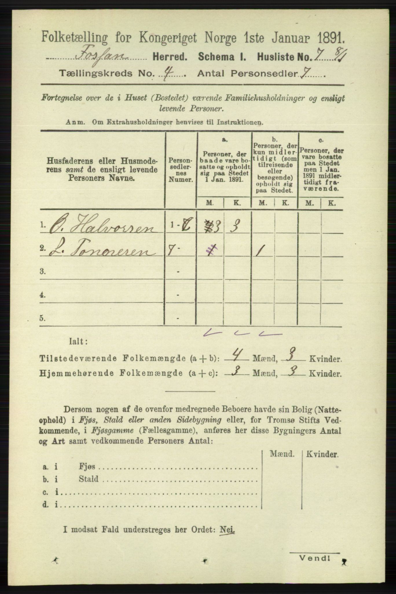 RA, 1891 census for 1129 Forsand, 1891, p. 502