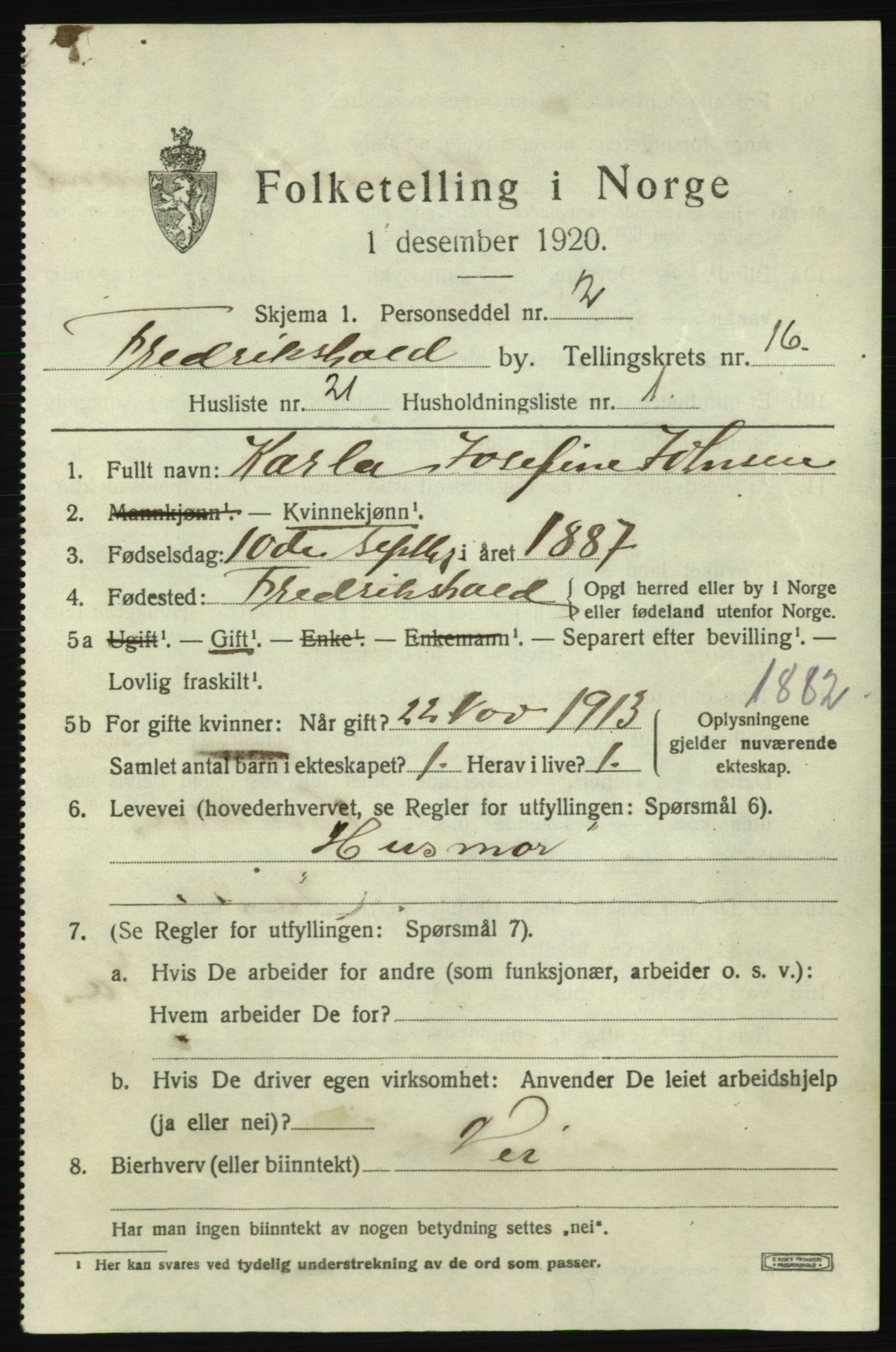 SAO, 1920 census for Fredrikshald, 1920, p. 25487