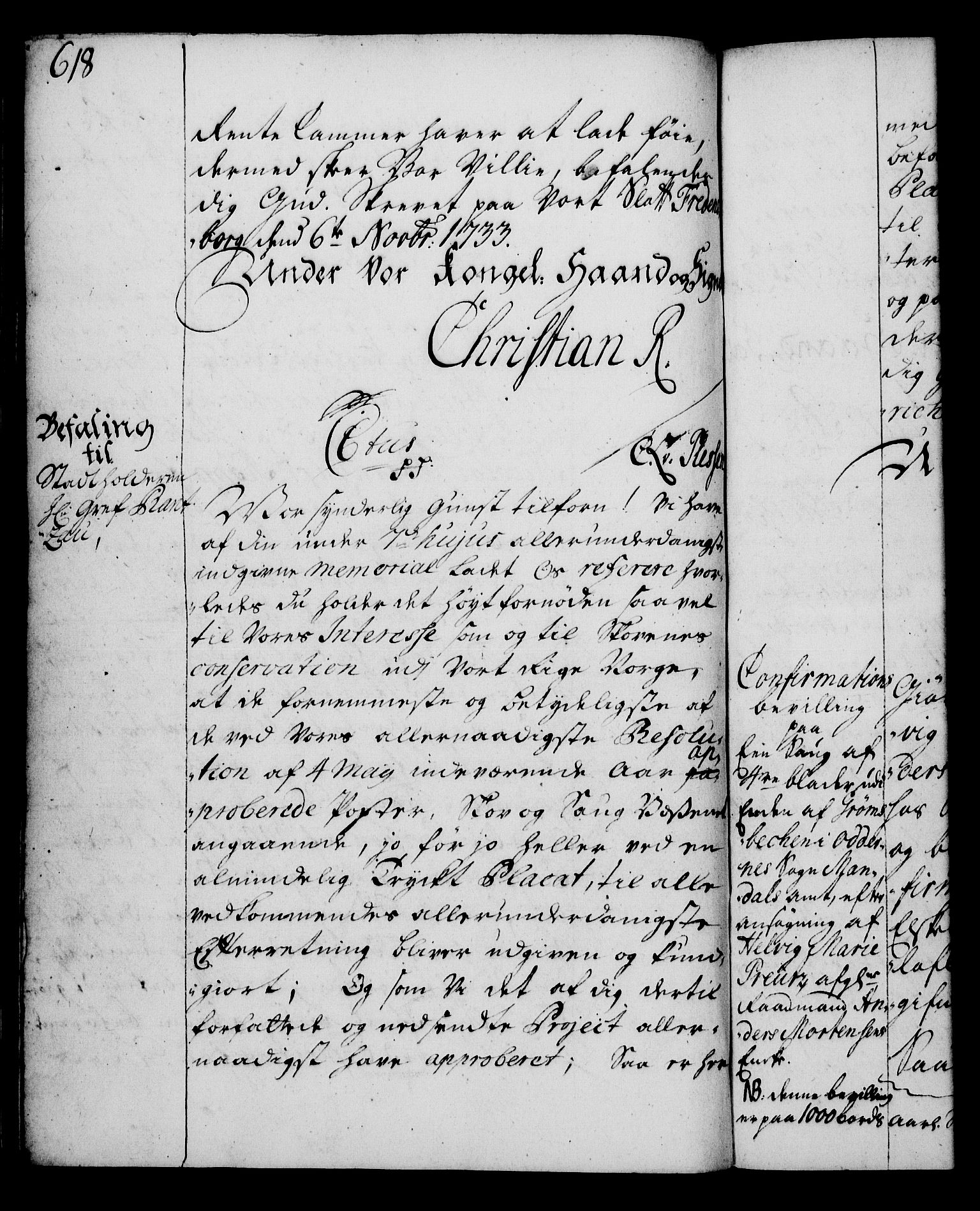 Rentekammeret, Kammerkanselliet, RA/EA-3111/G/Gg/Gga/L0003: Norsk ekspedisjonsprotokoll med register (merket RK 53.3), 1727-1734, p. 618
