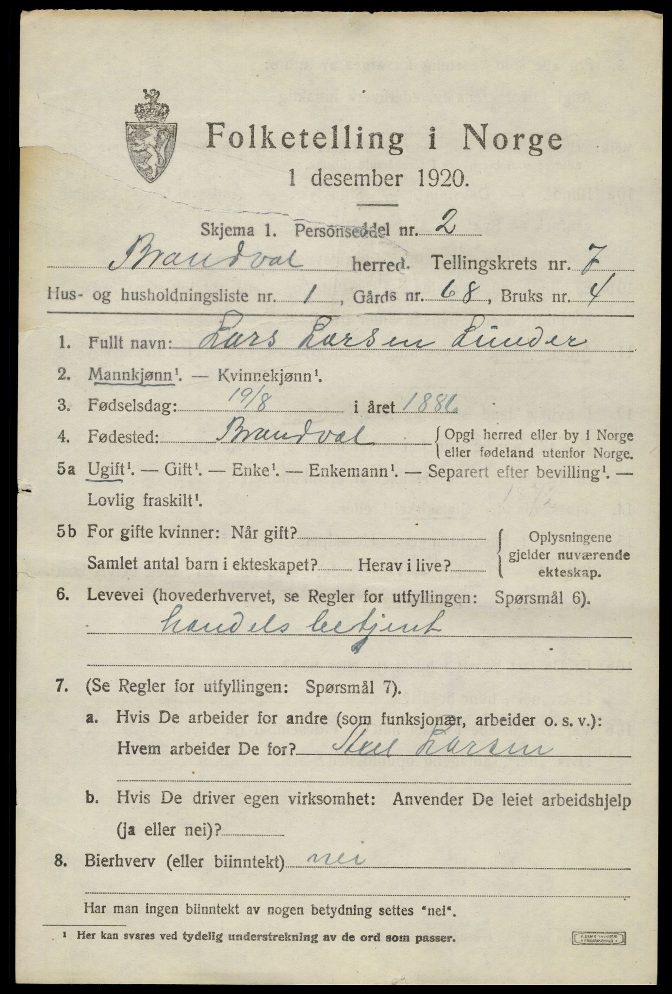 SAH, 1920 census for Brandval, 1920, p. 5774