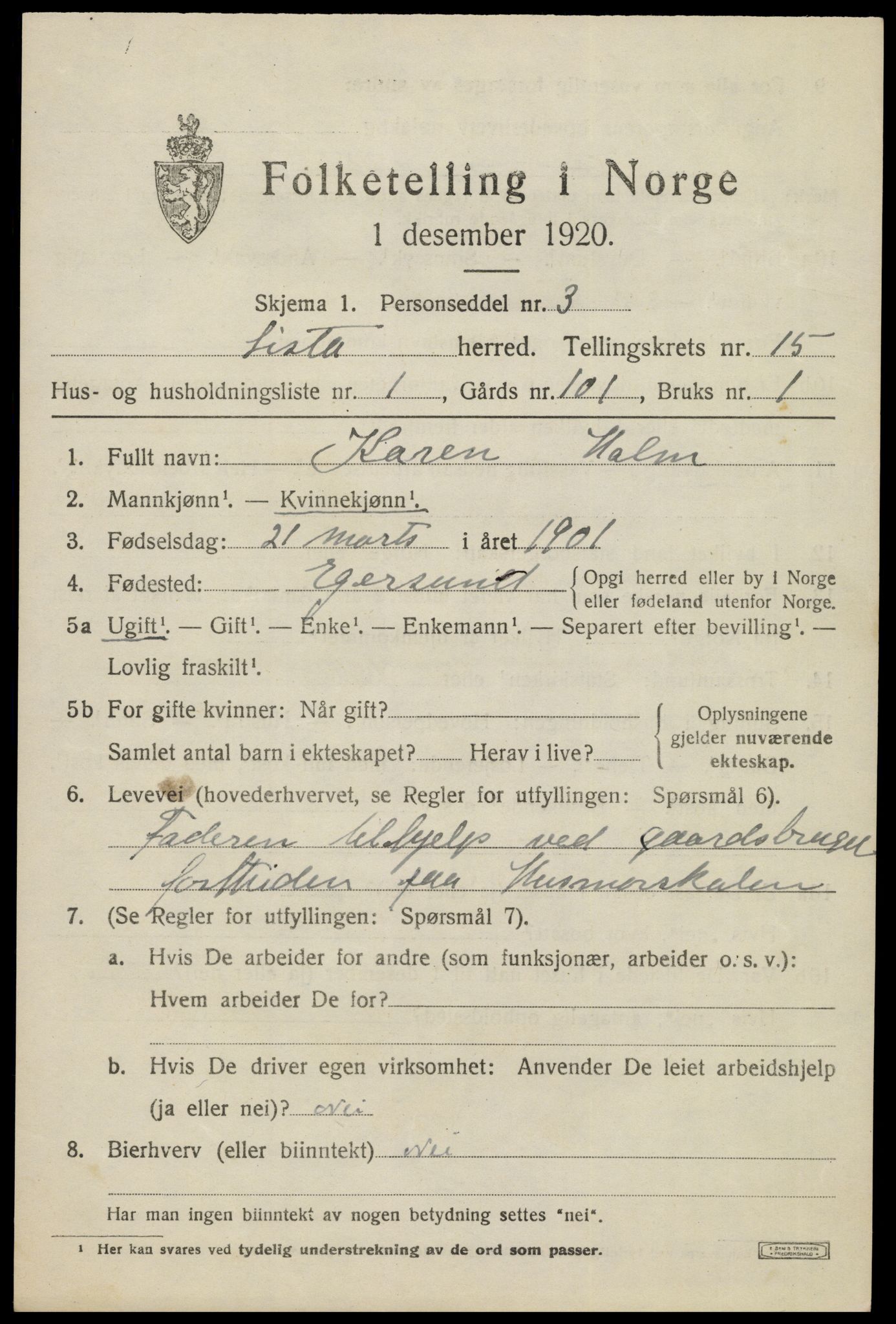 SAK, 1920 census for Lista, 1920, p. 12581