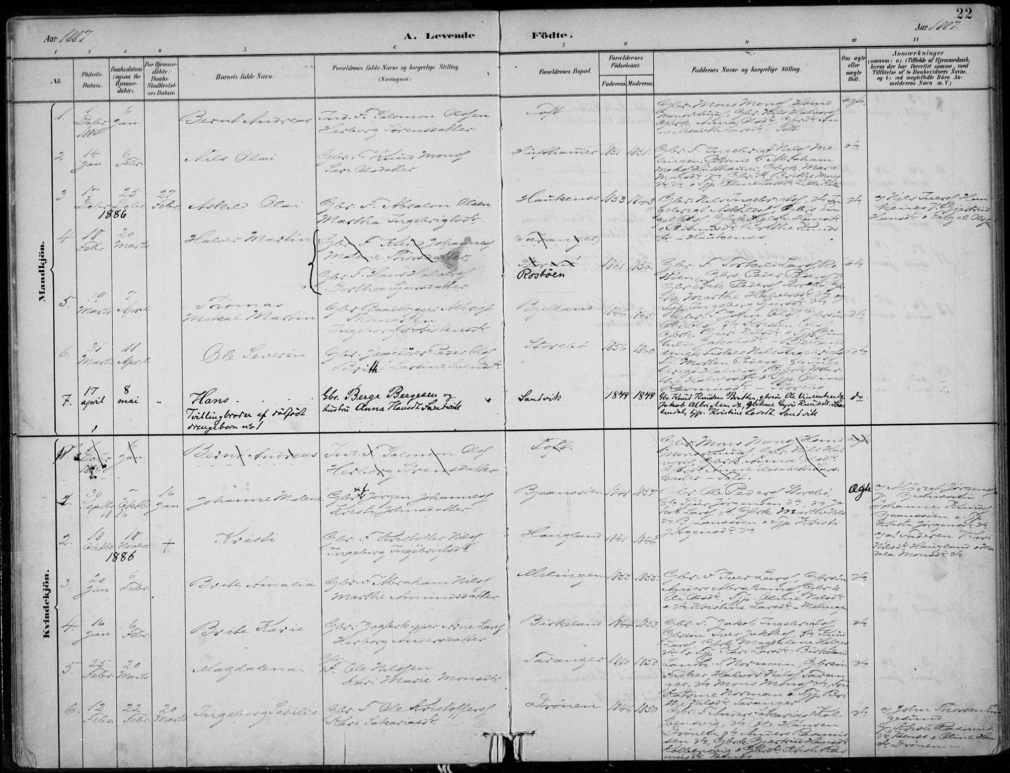 Sund sokneprestembete, SAB/A-99930: Parish register (official) no. C  1, 1882-1899, p. 22