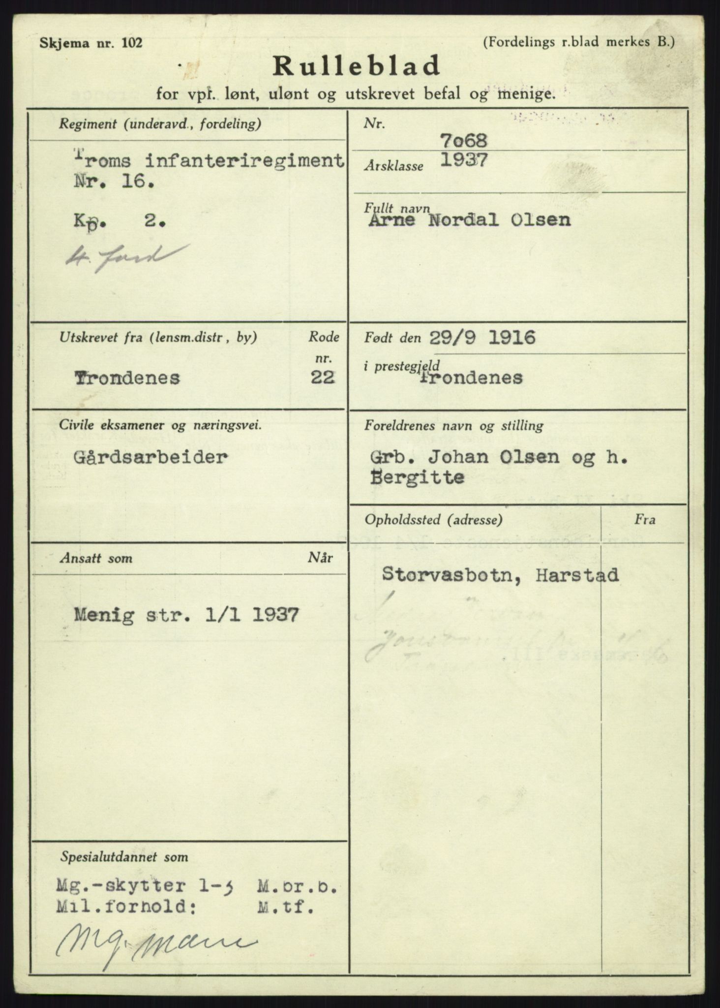 Forsvaret, Troms infanteriregiment nr. 16, AV/RA-RAFA-3146/P/Pa/L0021: Rulleblad for regimentets menige mannskaper, årsklasse 1937, 1937, p. 919