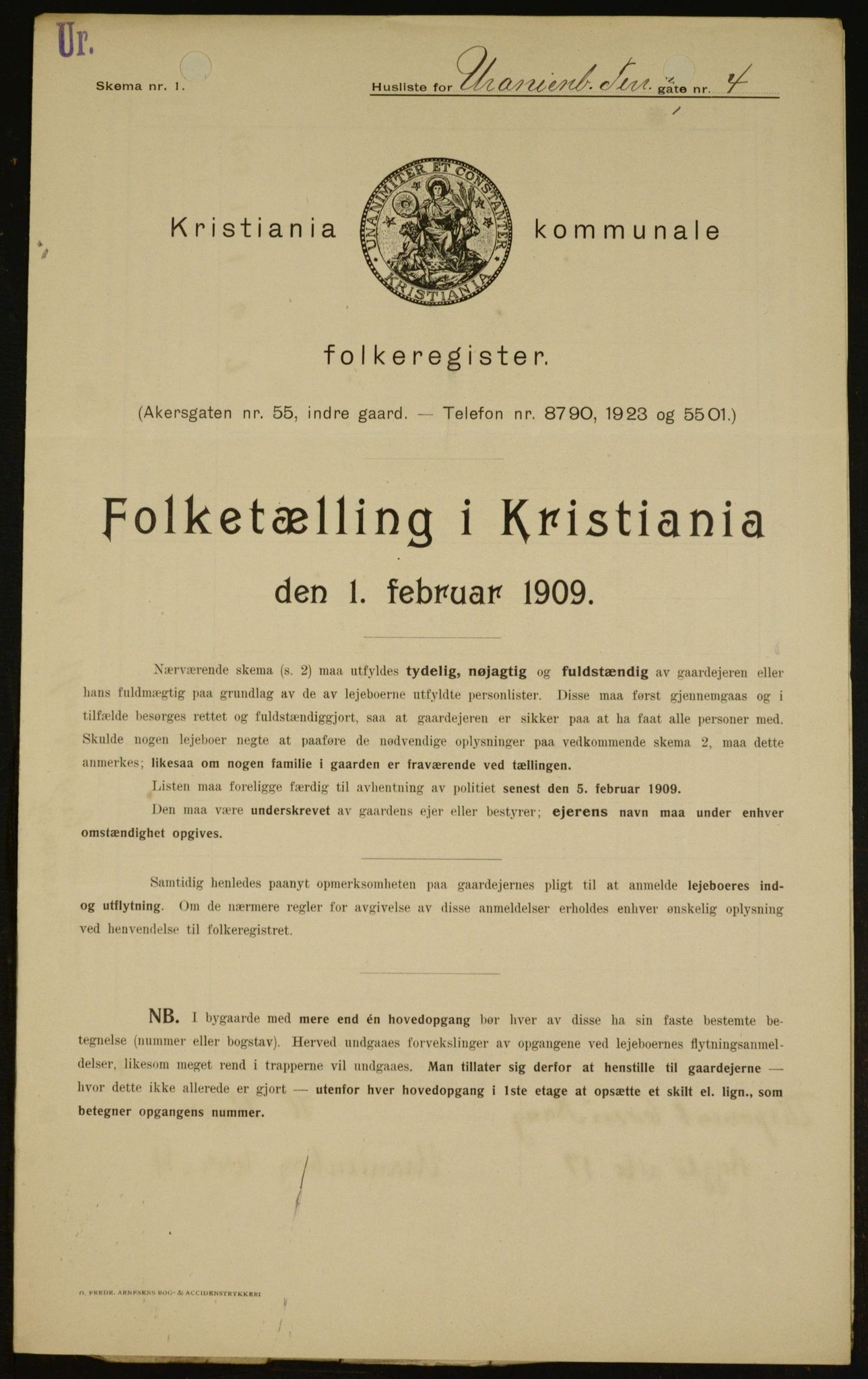 OBA, Municipal Census 1909 for Kristiania, 1909, p. 109036