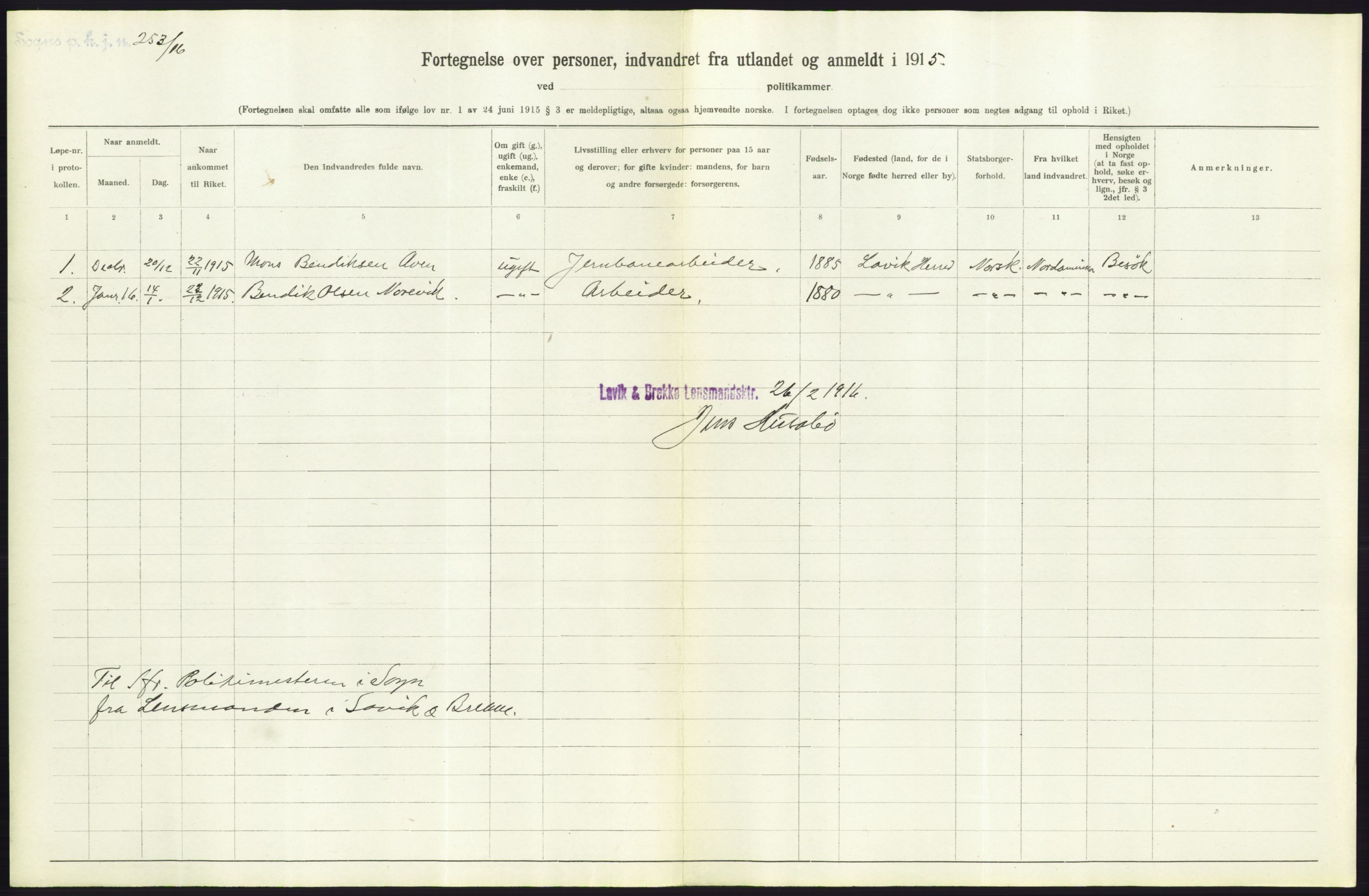 Statistisk sentralbyrå, Sosioøkonomiske emner, Folketellinger, boliger og boforhold, AV/RA-S-2231/F/Fa/L0001: Innvandring. Navn/fylkesvis, 1915, p. 454