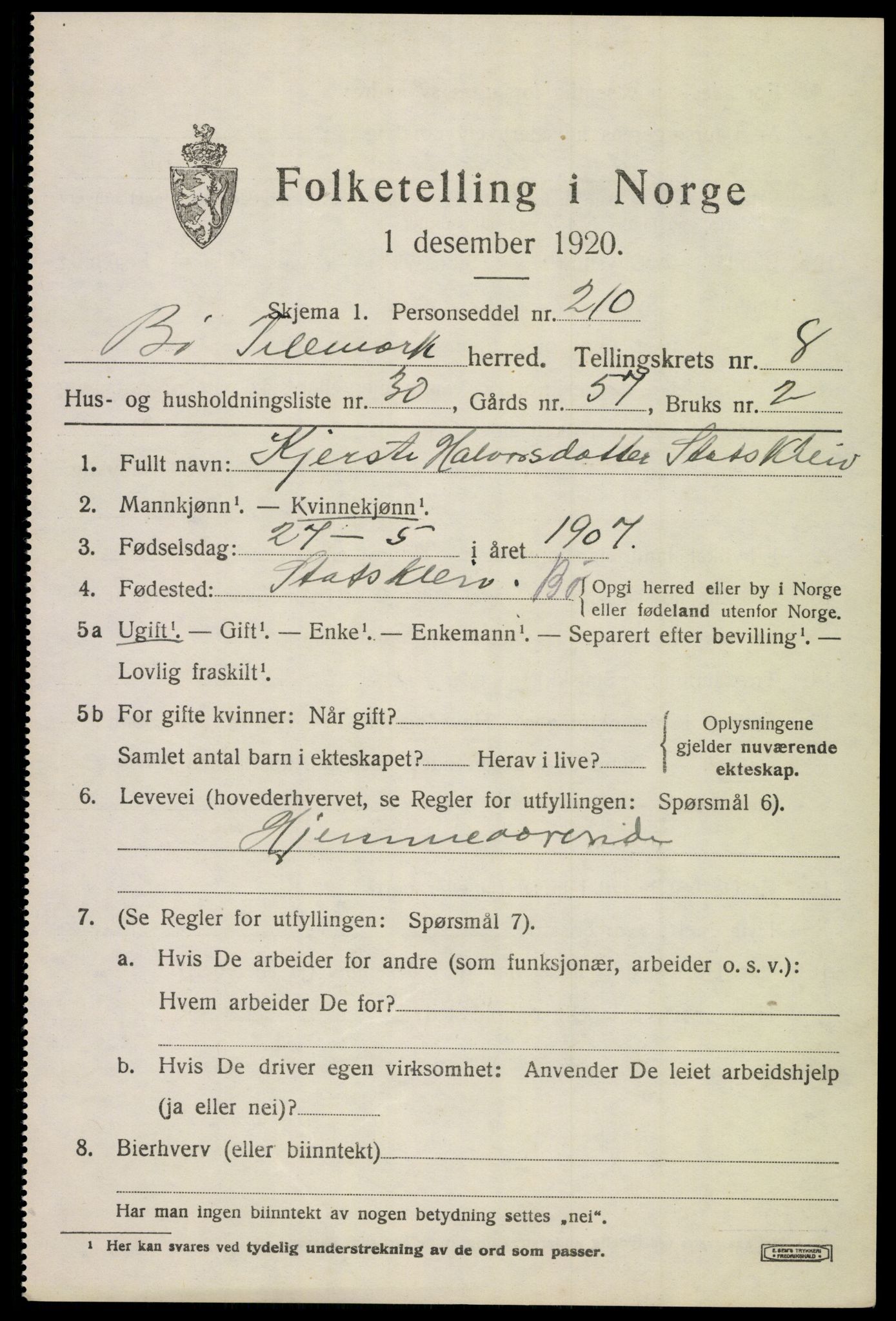 SAKO, 1920 census for Bø (Telemark), 1920, p. 6164