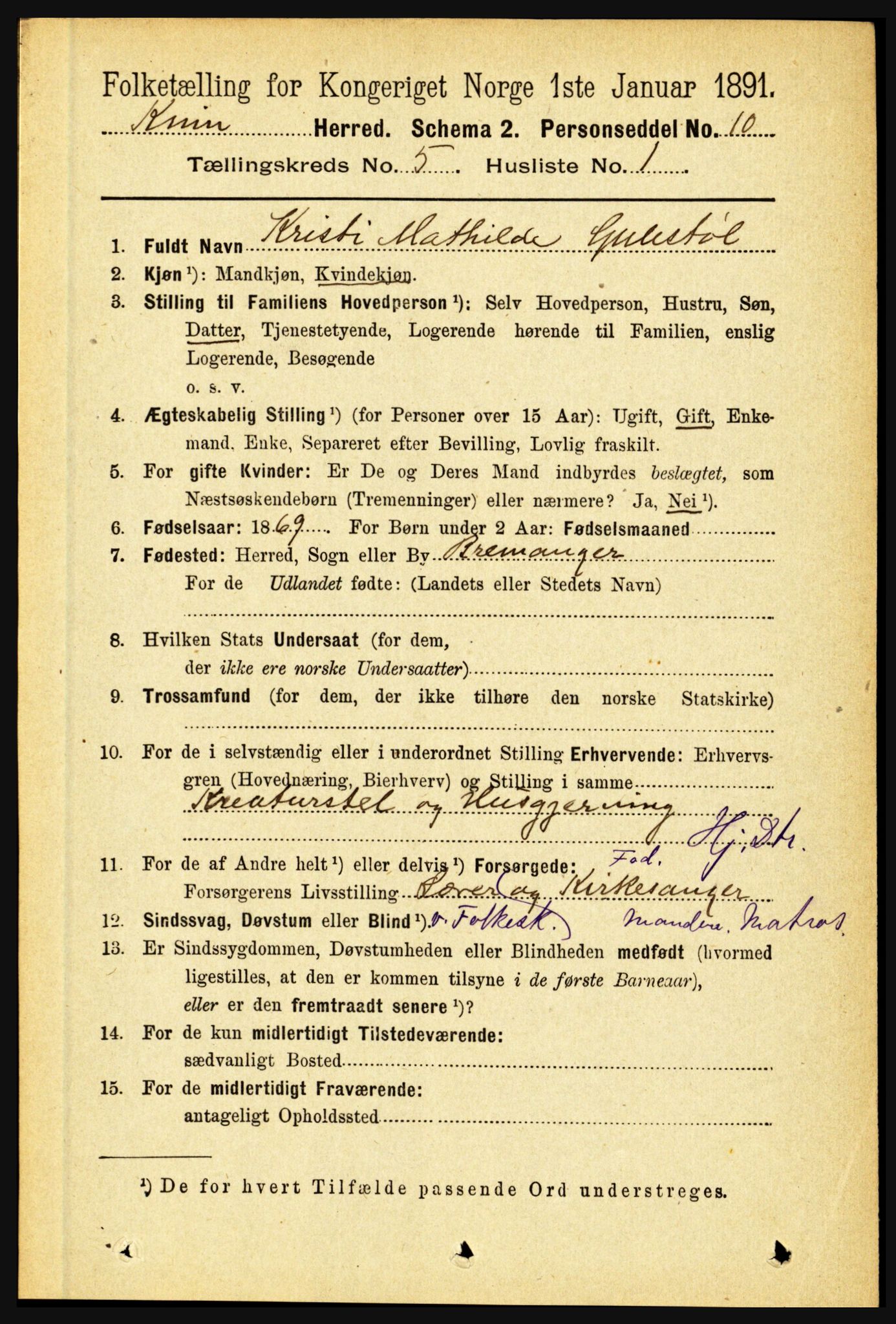 RA, 1891 census for 1437 Kinn, 1891, p. 1822