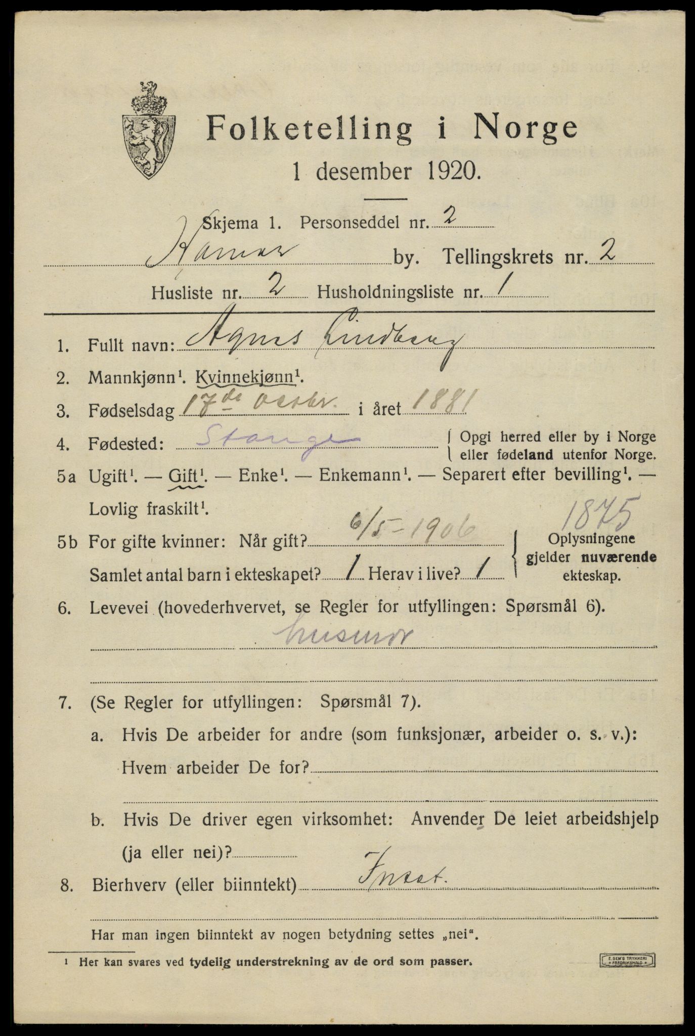 SAH, 1920 census for Hamar, 1920, p. 5767