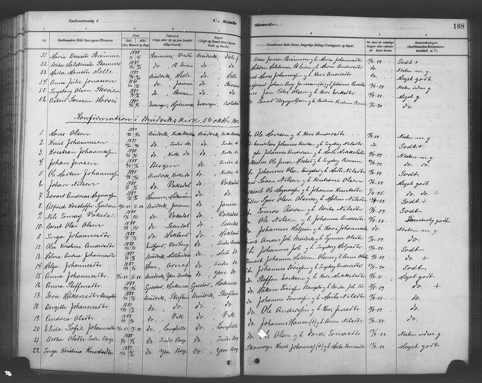 Bruvik Sokneprestembete, AV/SAB-A-74701/H/Hab: Parish register (copy) no. A 1, 1878-1907, p. 168