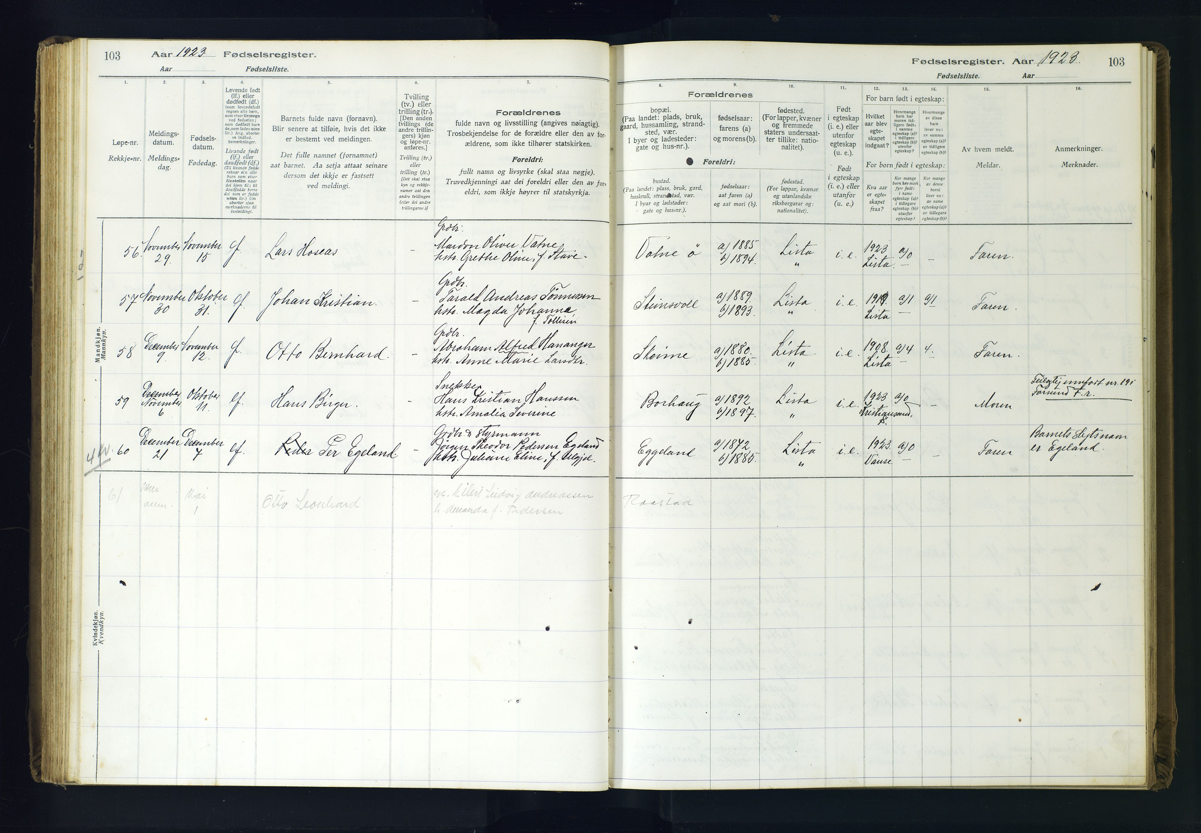 Lista sokneprestkontor, AV/SAK-1111-0027/J/Ja/L0001: Birth register no. A-VI-30, 1916-1934, p. 103