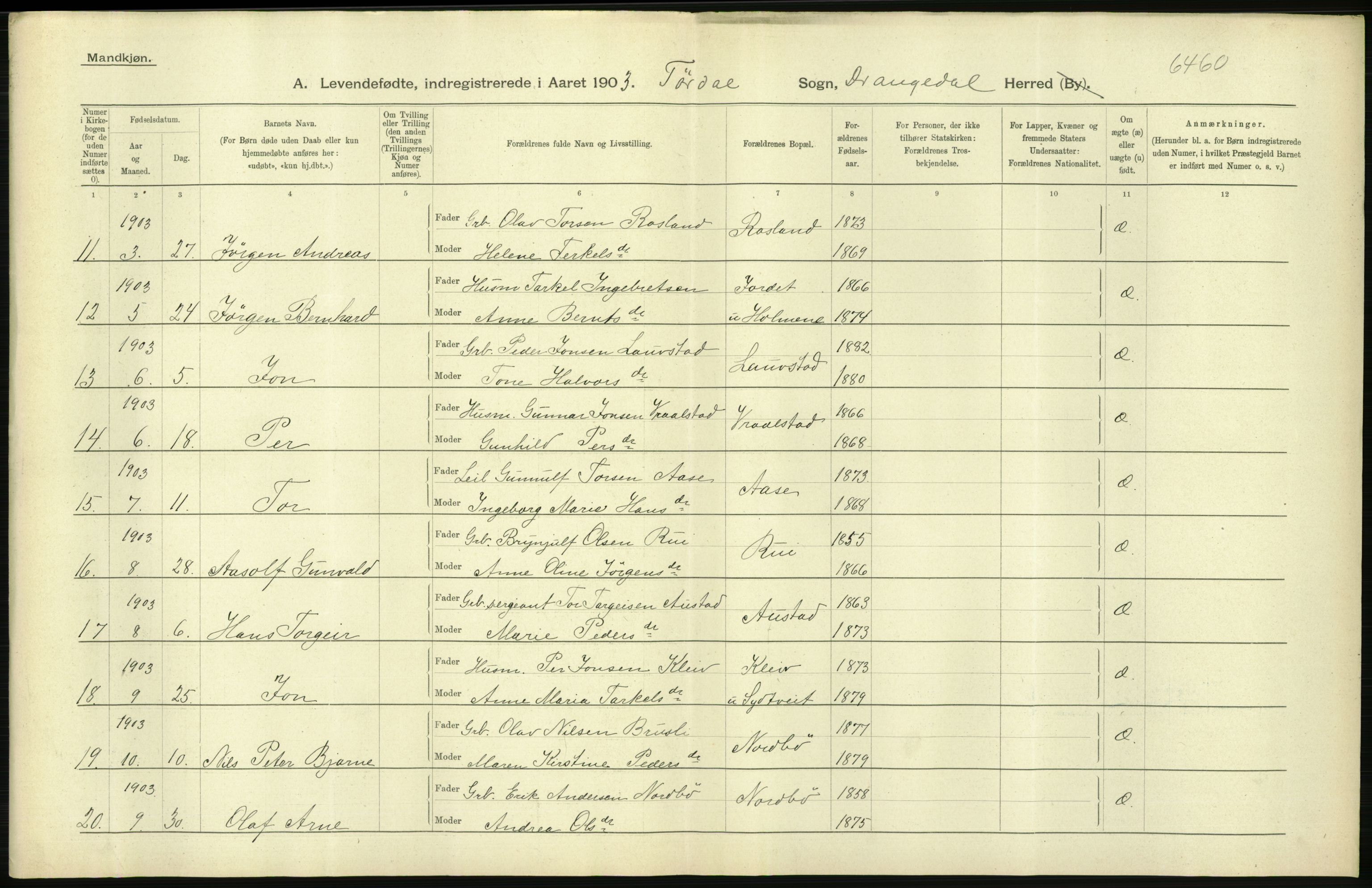 Statistisk sentralbyrå, Sosiodemografiske emner, Befolkning, AV/RA-S-2228/D/Df/Dfa/Dfaa/L0009: Bratsberg amt: Fødte, gifte, døde, 1903, p. 270